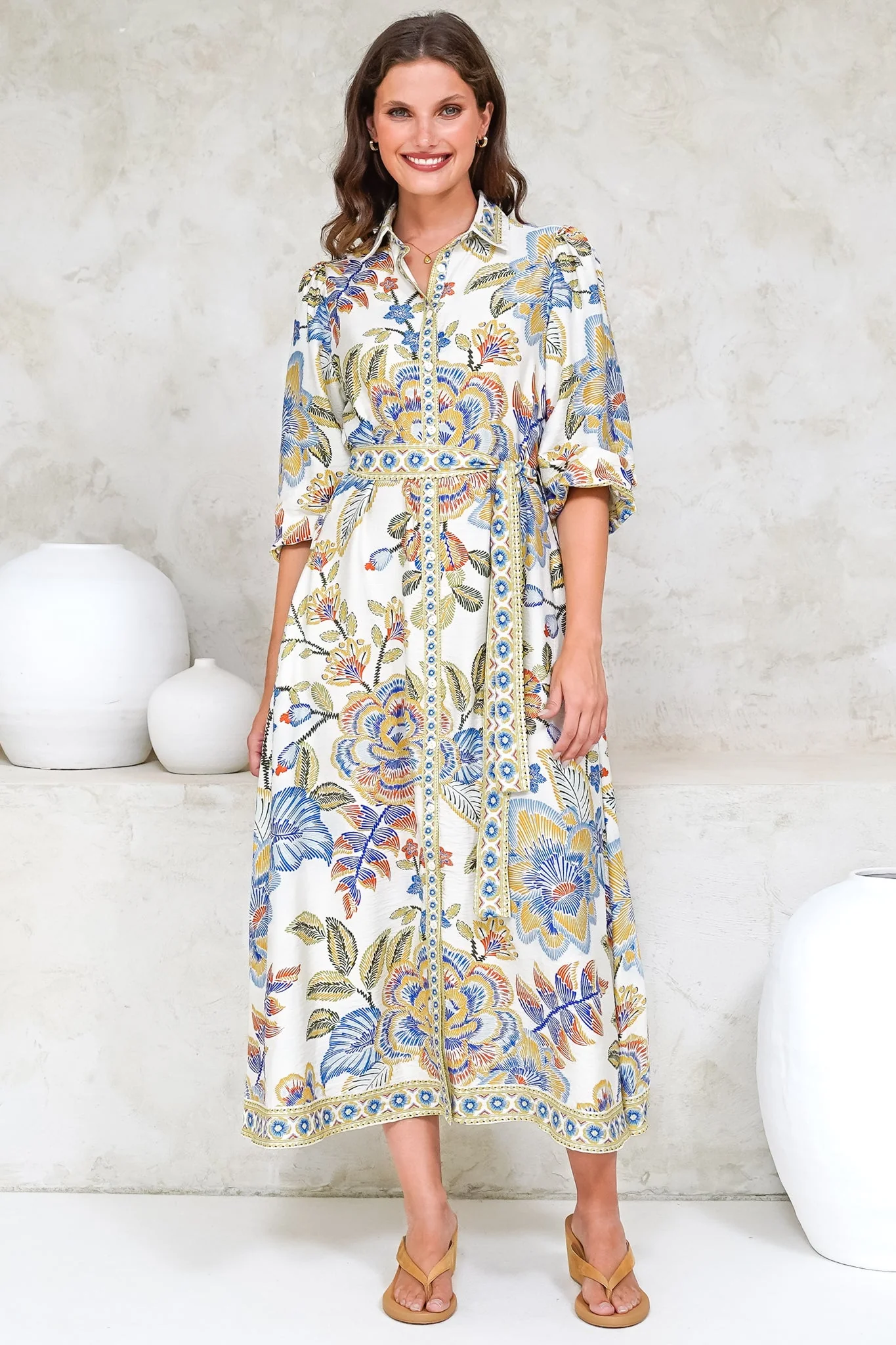 Francis Midi Dress - Collared Shirt Dress with Matching Belt in Elle Print White - Image 3