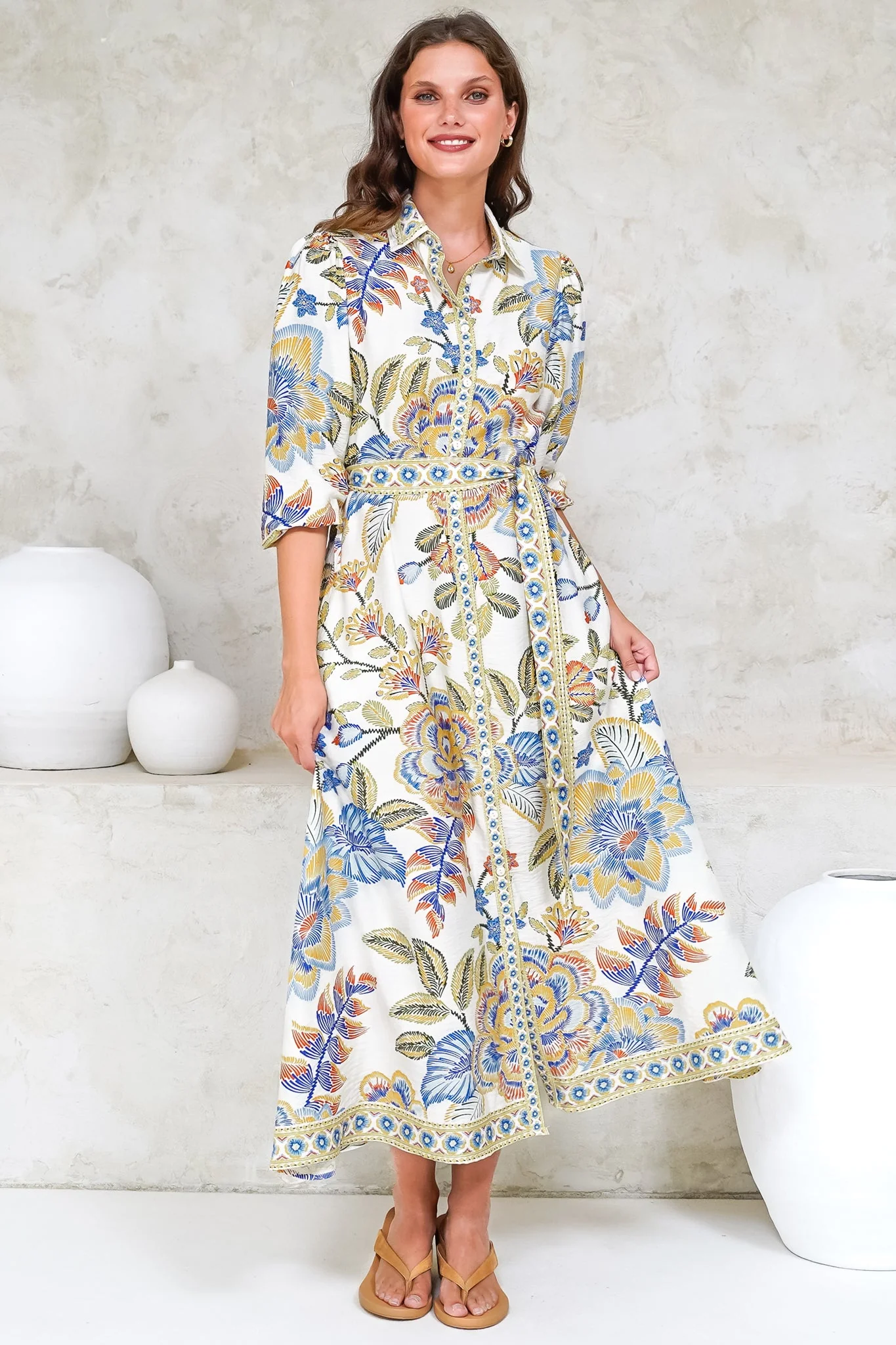 Francis Midi Dress - Collared Shirt Dress with Matching Belt in Elle Print White - Image 4