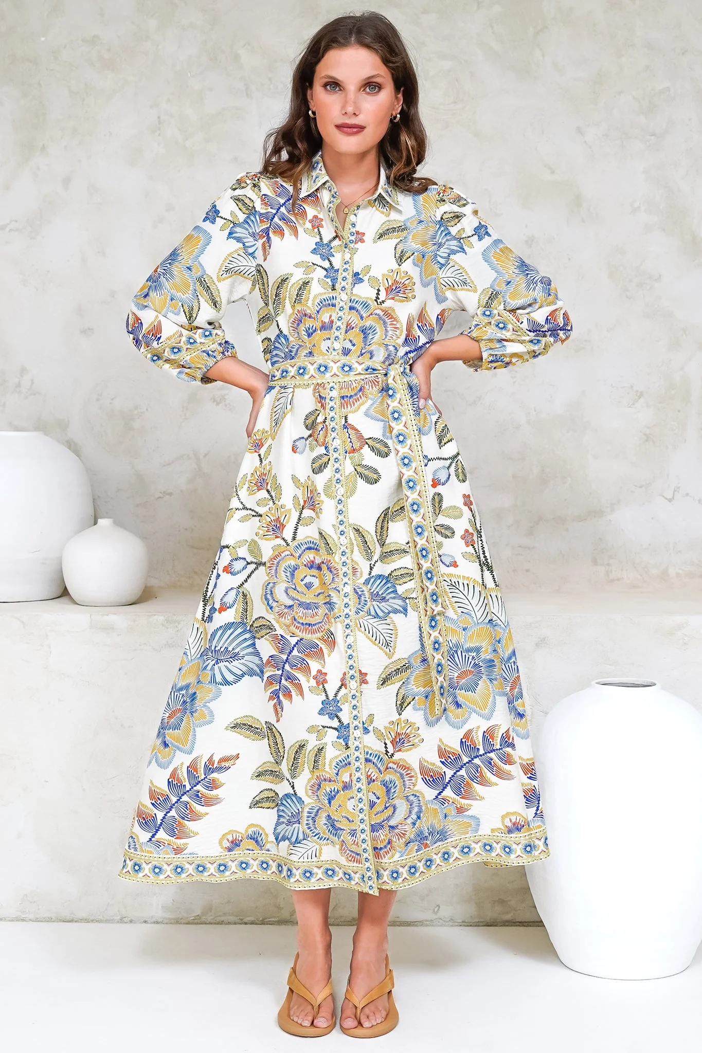 Francis Midi Dress - Collared Shirt Dress with Matching Belt in Elle Print White - Image 5