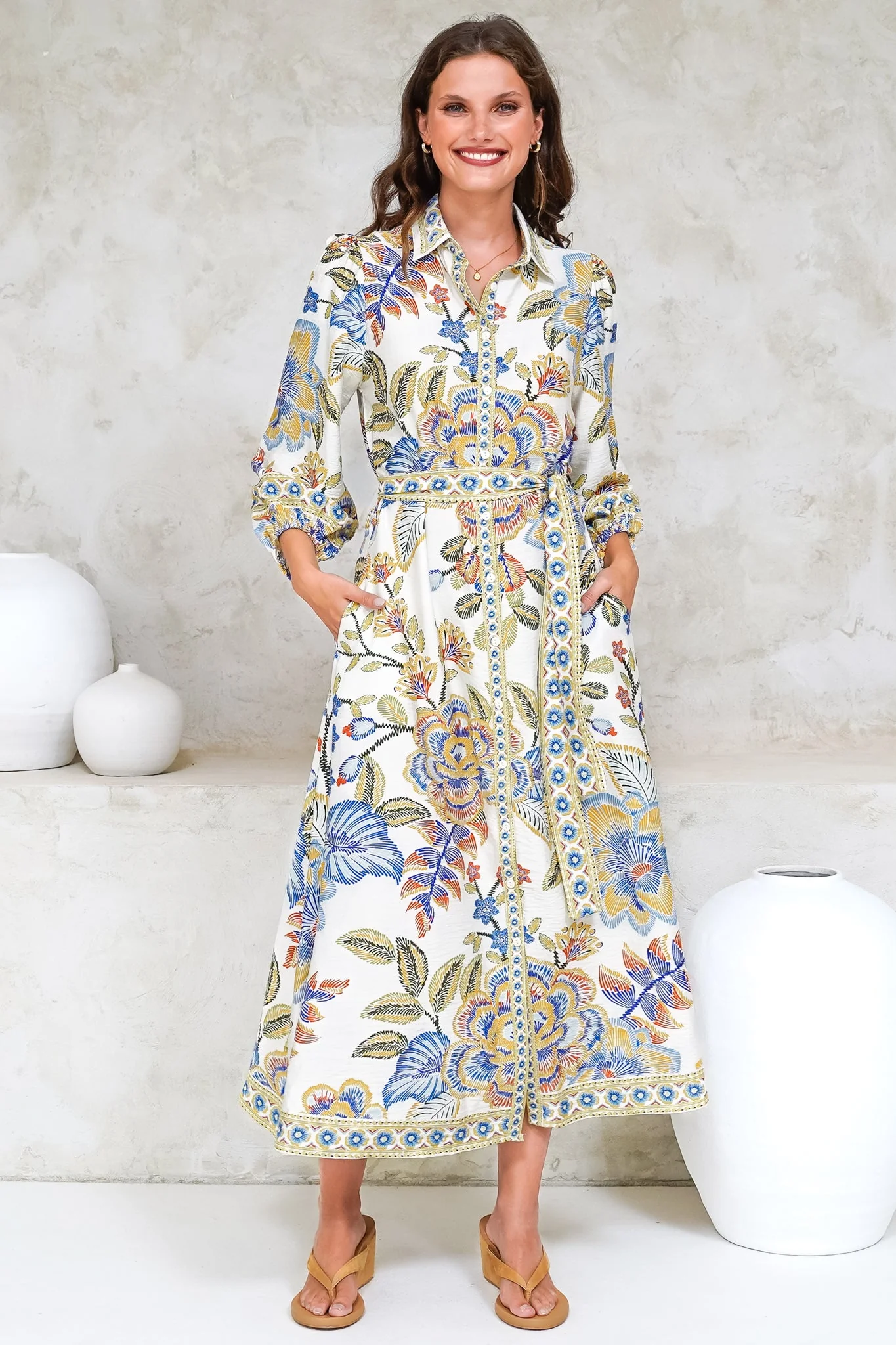 Francis Midi Dress - Collared Shirt Dress with Matching Belt in Elle Print White - Image 6
