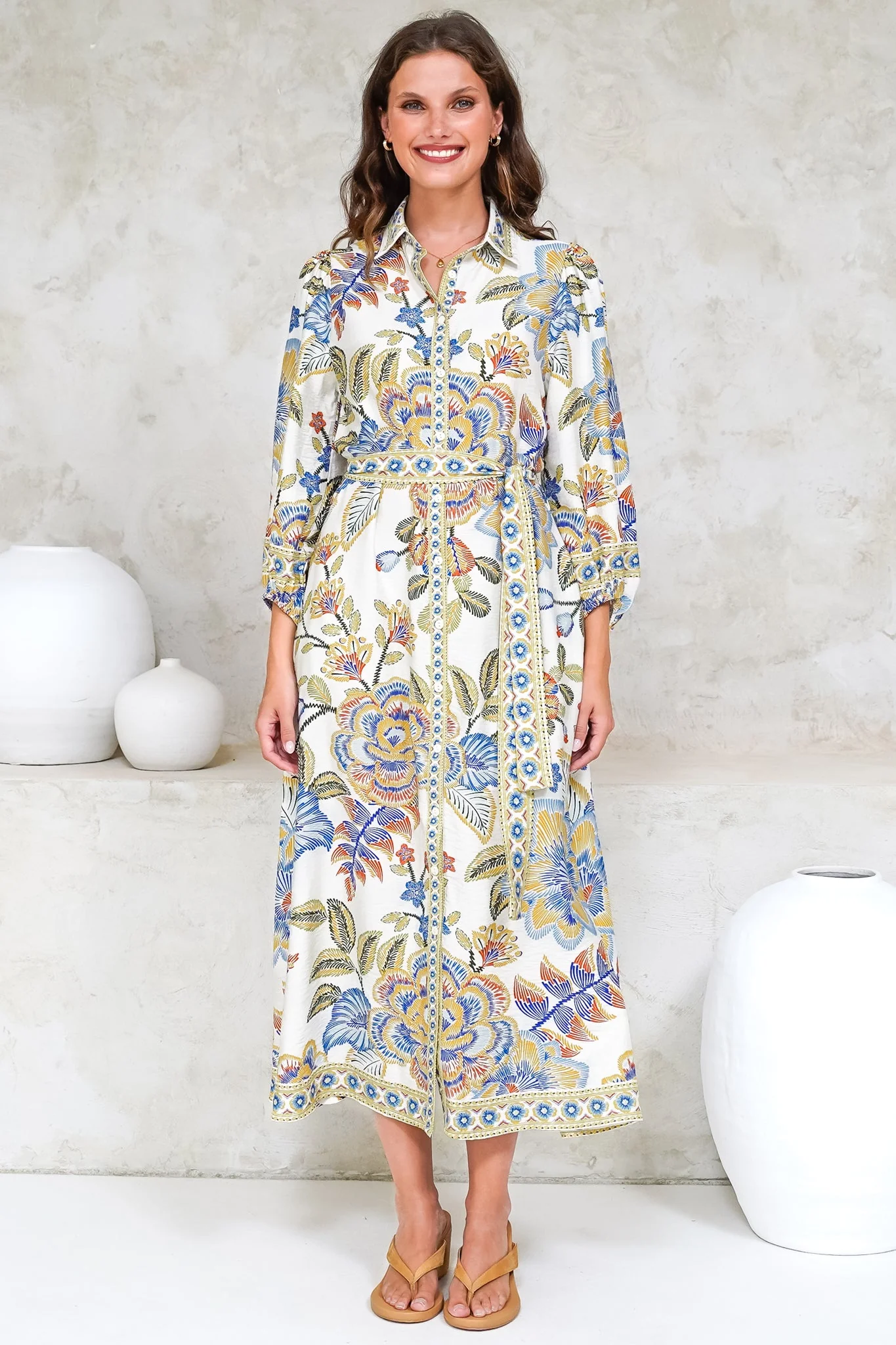 Francis Midi Dress - Collared Shirt Dress with Matching Belt in Elle Print White - Image 7