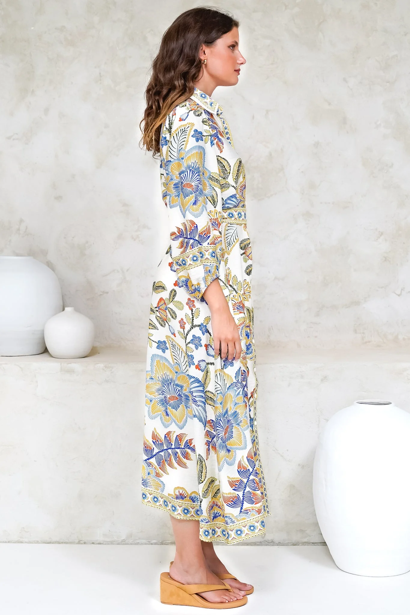 Francis Midi Dress - Collared Shirt Dress with Matching Belt in Elle Print White - Image 8