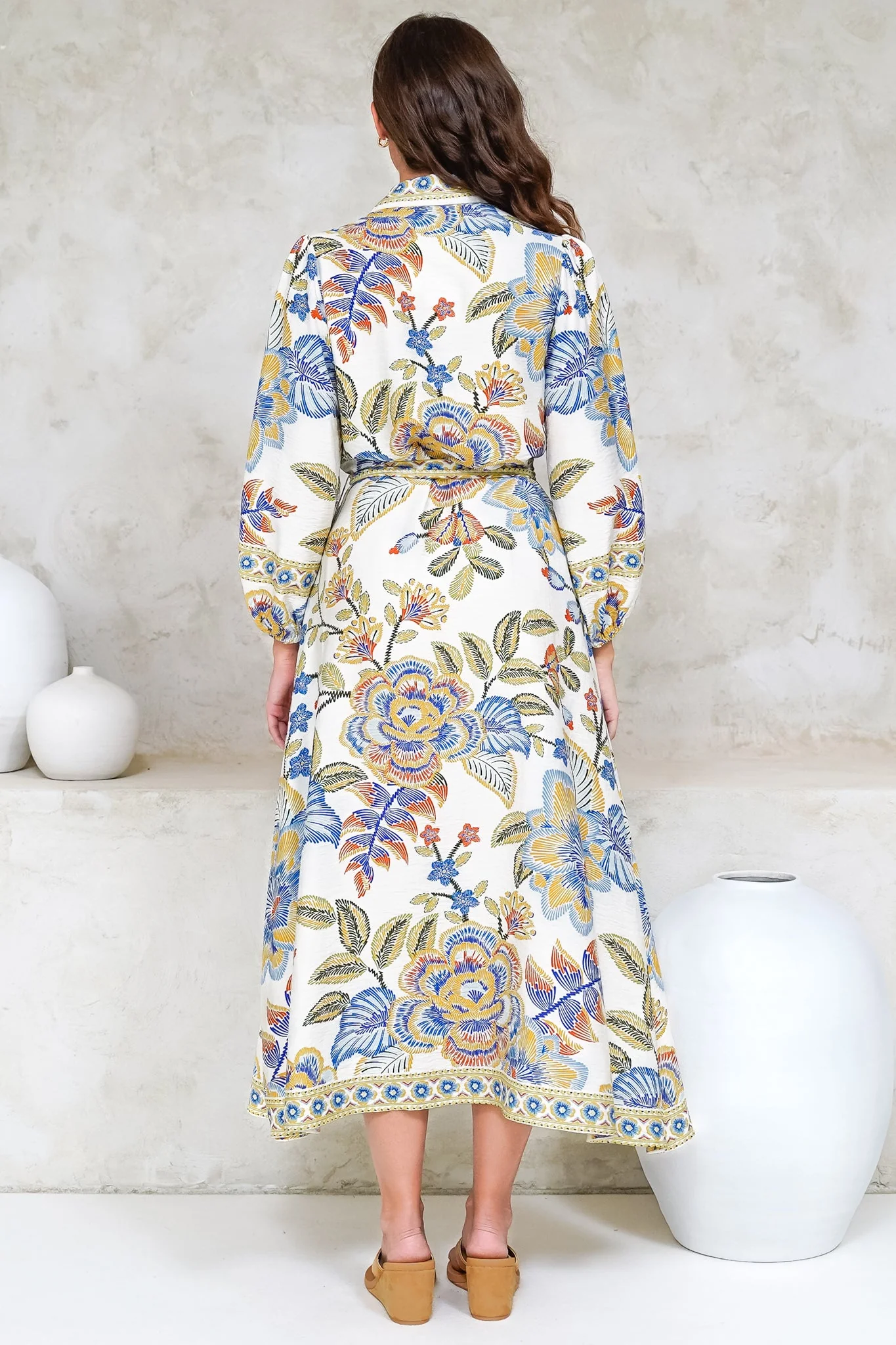 Francis Midi Dress - Collared Shirt Dress with Matching Belt in Elle Print White - Image 9