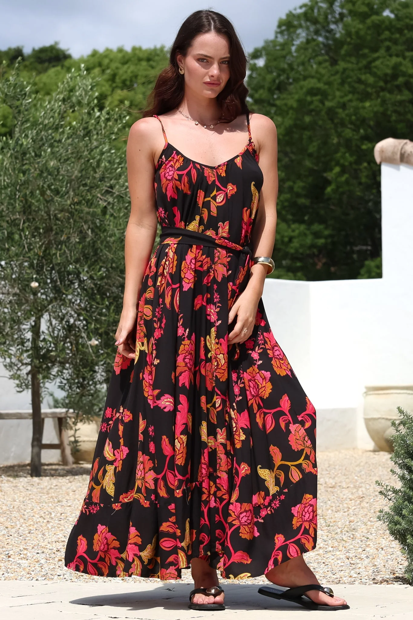 Frederique Maxi Dress - Relaxed Sun Dress with Detachable Waist Tie in Valerie Print