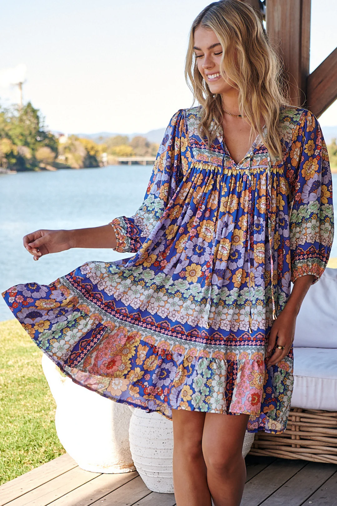 JAASE - French Mini Dress: Yoke Neckline Dress with Matching Belt in Eden Print - Image 2