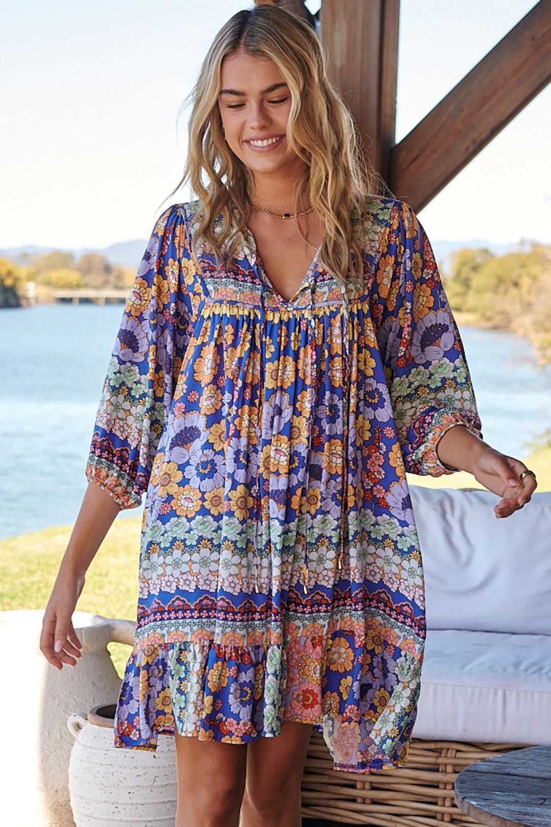 JAASE - French Mini Dress: Yoke Neckline Dress with Matching Belt in Eden Print - Image 3
