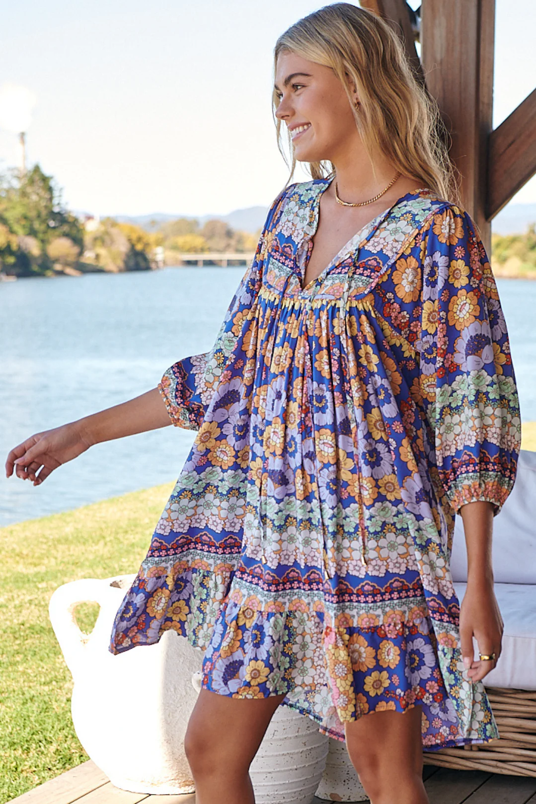 JAASE - French Mini Dress: Yoke Neckline Dress with Matching Belt in Eden Print - Image 5