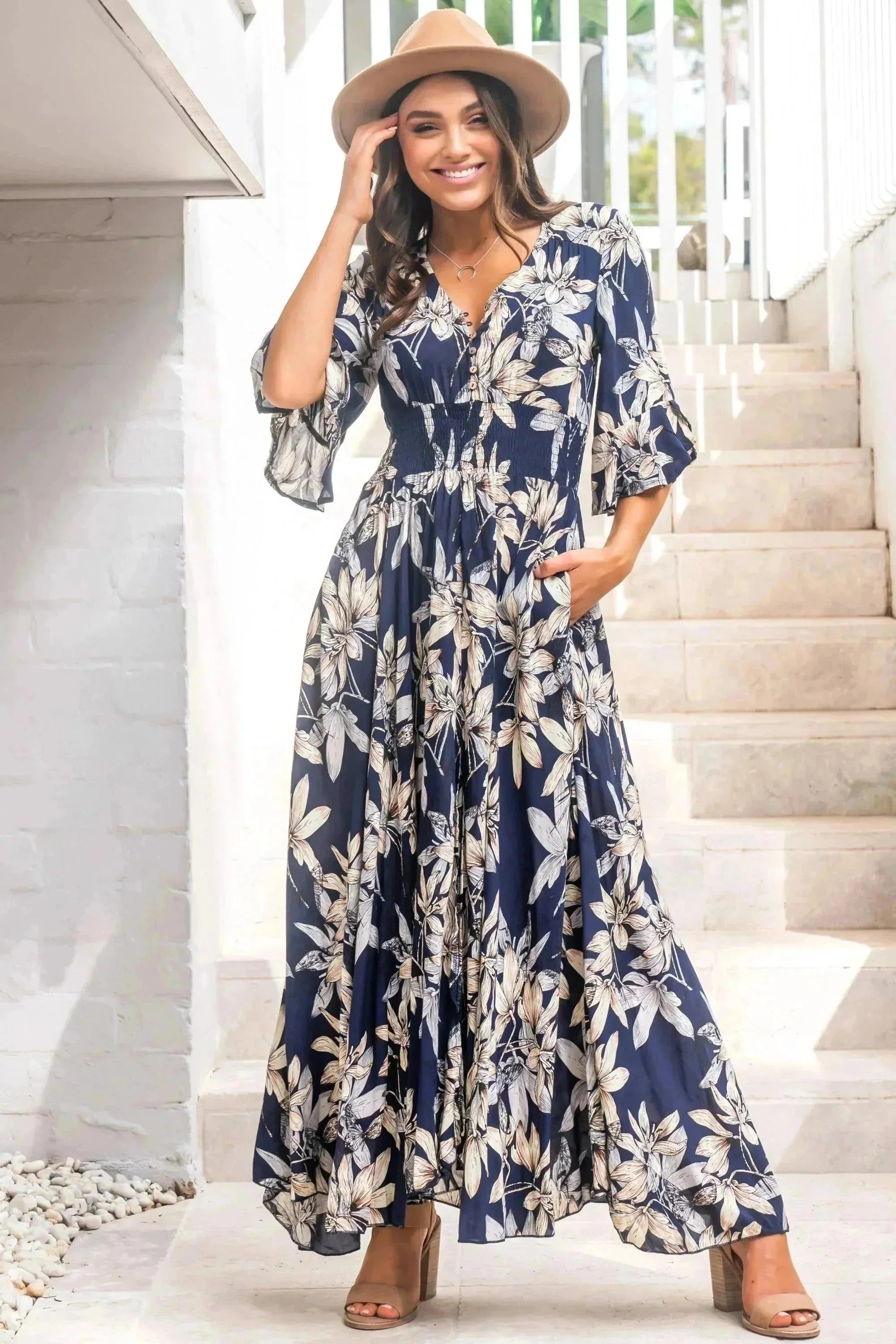 Frigg Maxi Dress - Buttoned Bodice A Line Dress With Flute Sleeves In Navy - Image 3