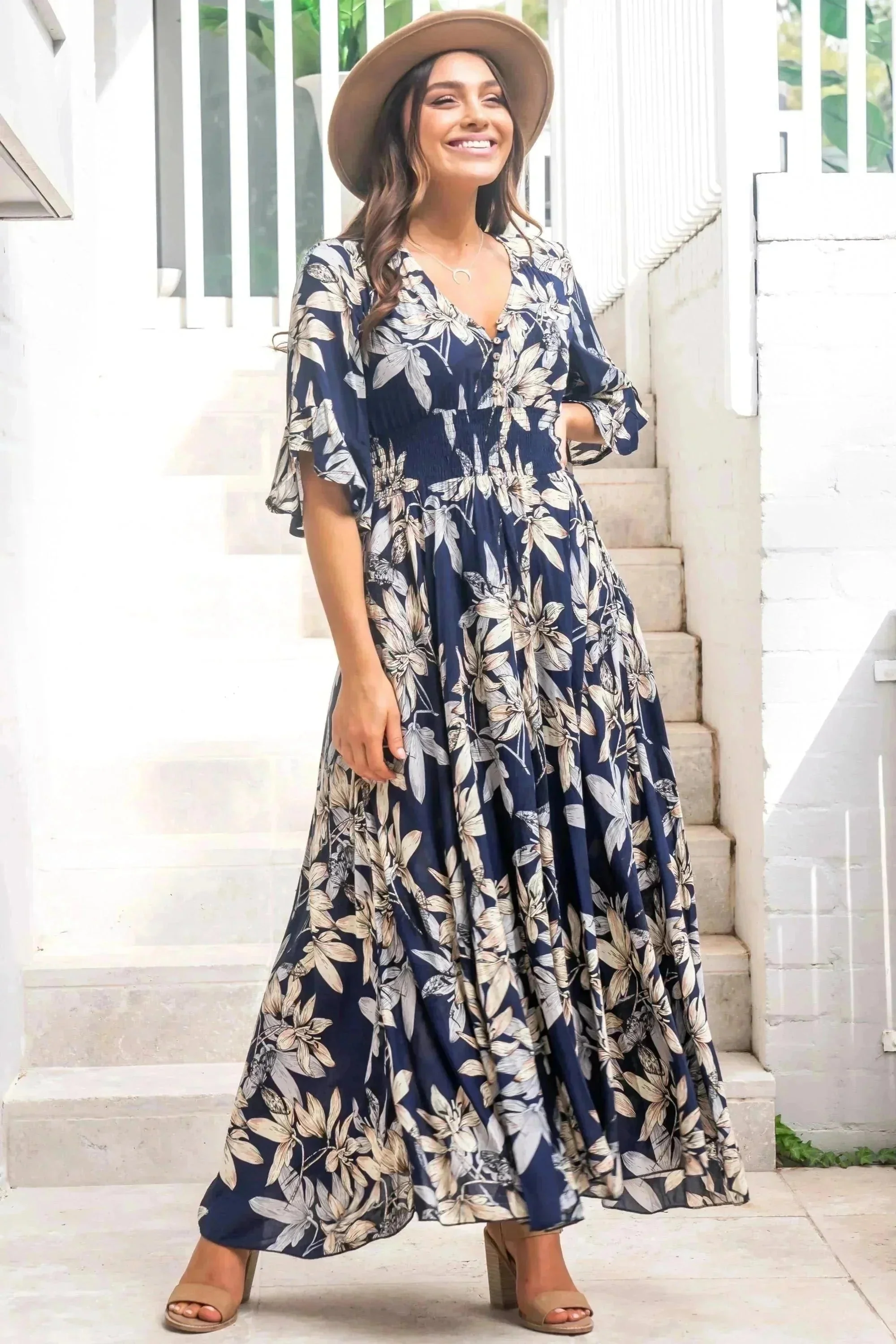 Frigg Maxi Dress - Buttoned Bodice A Line Dress With Flute Sleeves In Navy - Image 5