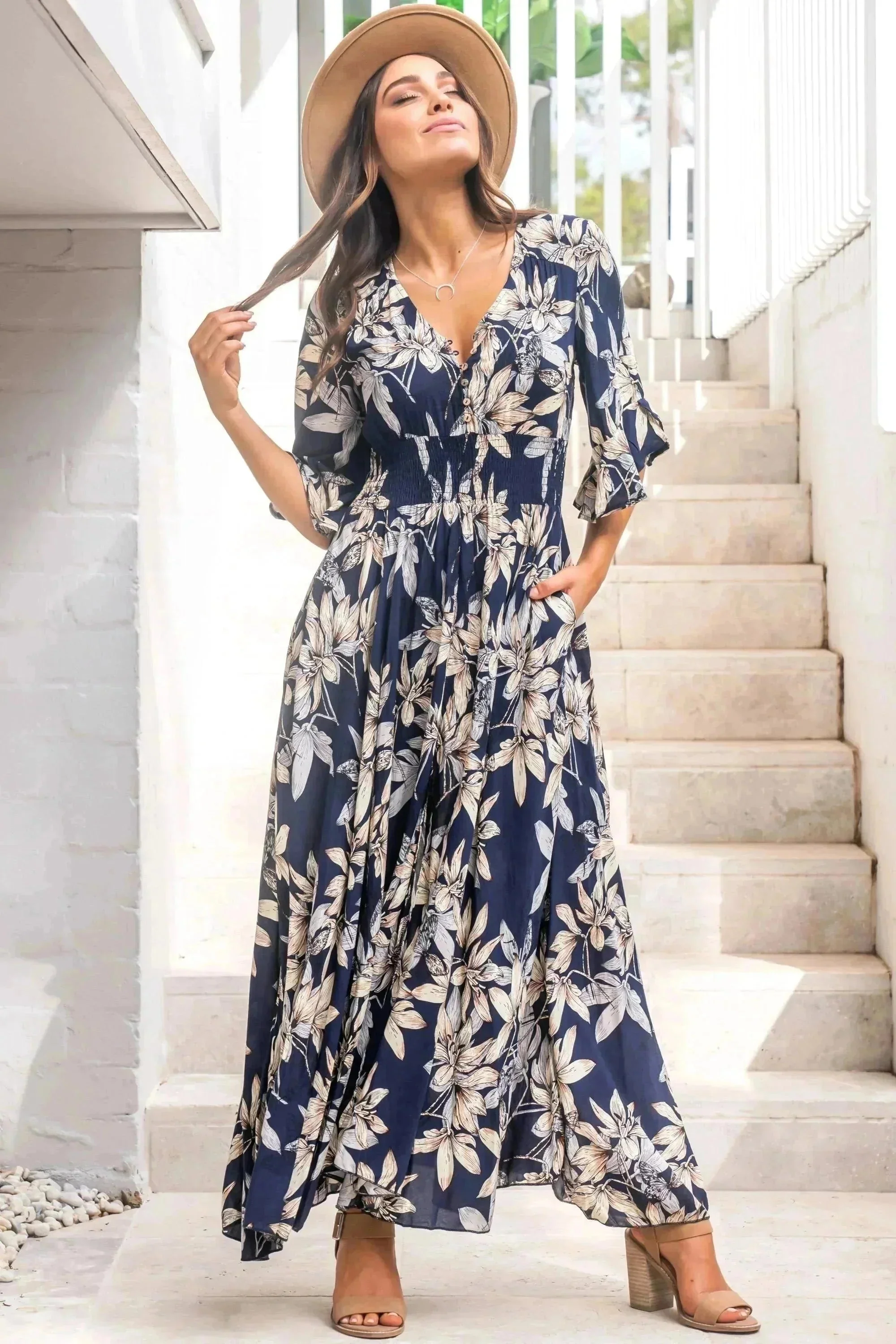 Frigg Maxi Dress - Buttoned Bodice A Line Dress With Flute Sleeves In Navy - Image 6