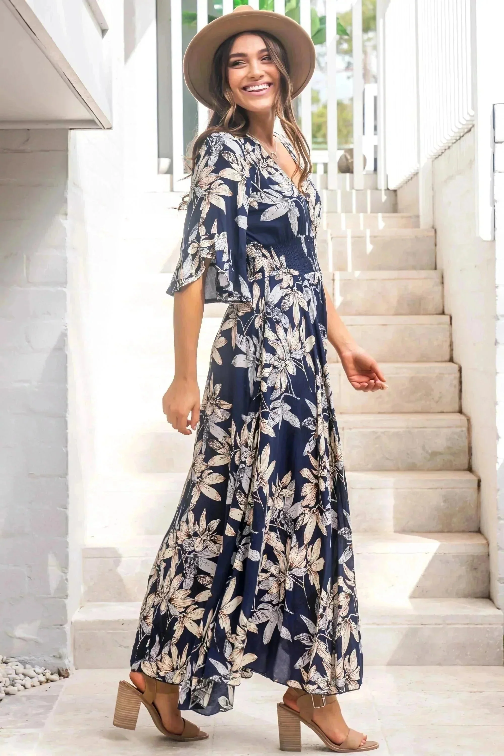 Frigg Maxi Dress - Buttoned Bodice A Line Dress With Flute Sleeves In Navy - Image 7
