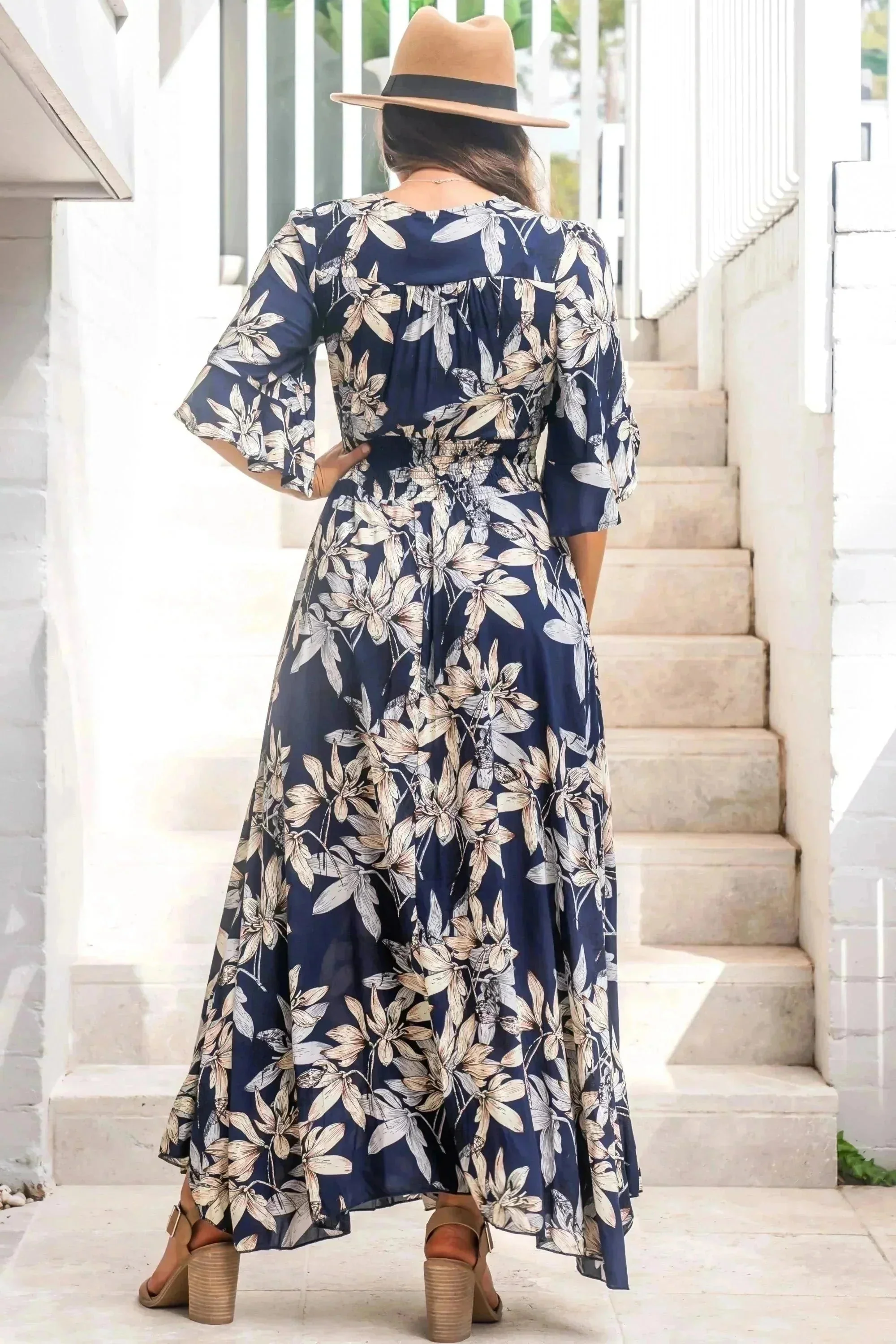 Frigg Maxi Dress - Buttoned Bodice A Line Dress With Flute Sleeves In Navy - Image 8