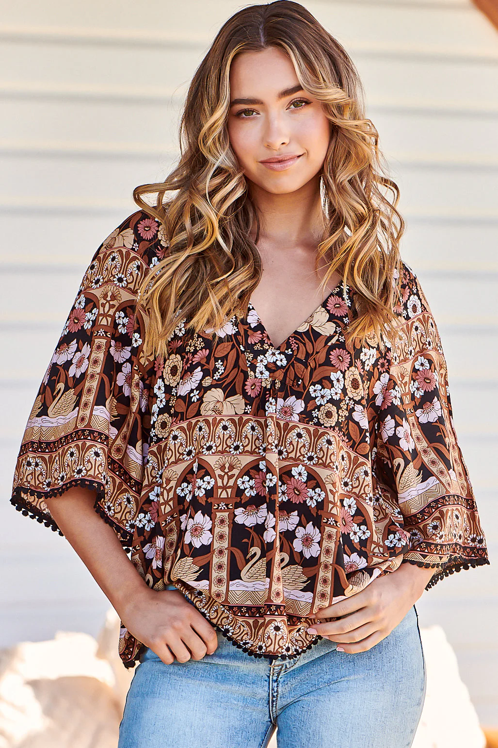 JAASE - Gabriella Top: Mandarin Collar Deep V Neck Crochet Trim Top in Hennie Print
