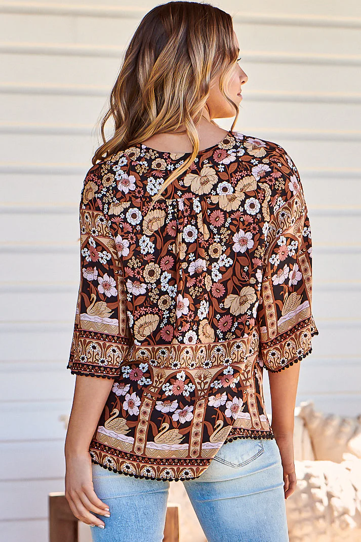 JAASE - Gabriella Top: Mandarin Collar Deep V Neck Crochet Trim Top in Hennie Print - Image 6