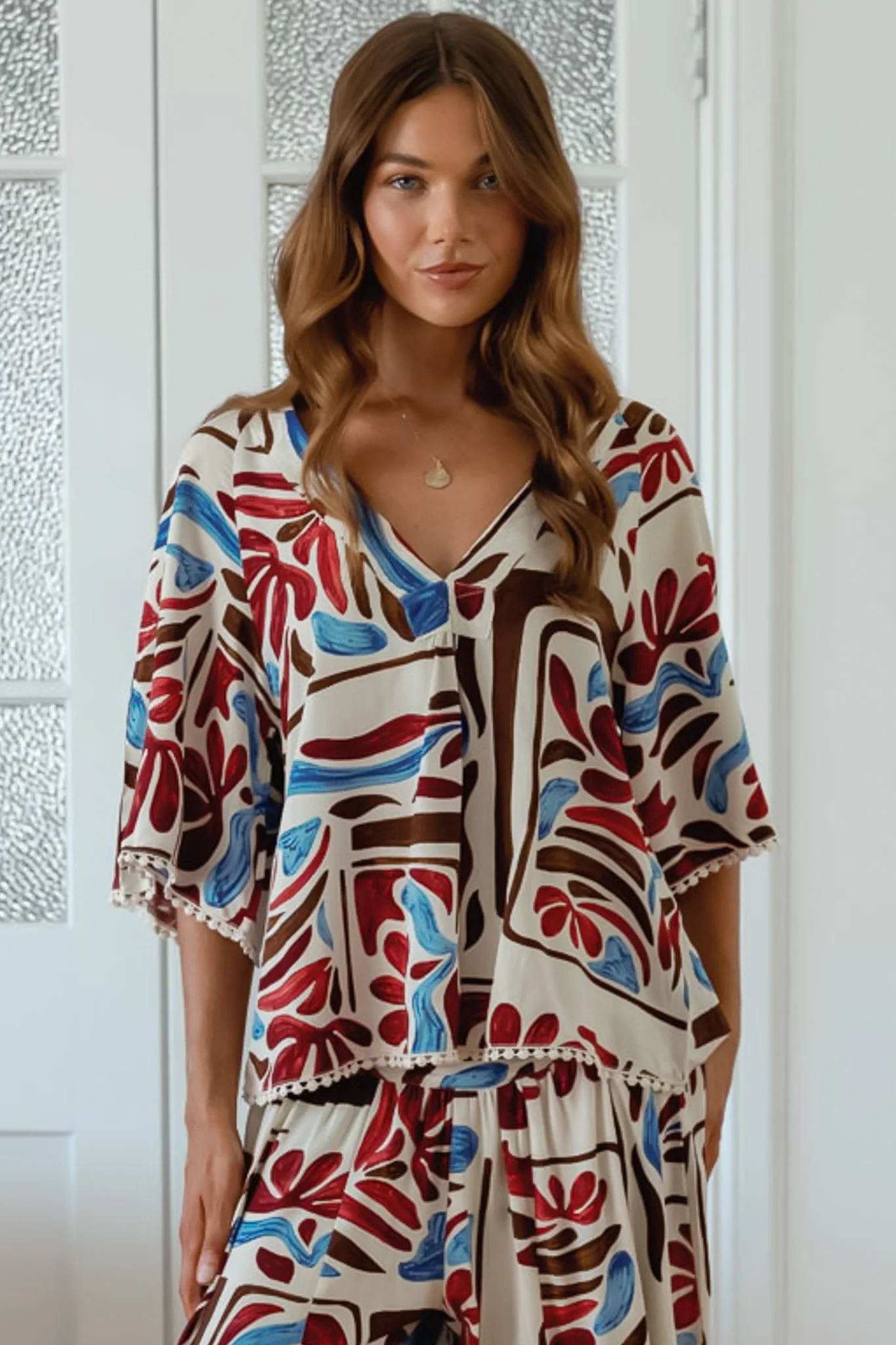 JAASE - Gabriella Top: Mandarin Collar Deep V Neck Crochet Trim Top in Artisan Print