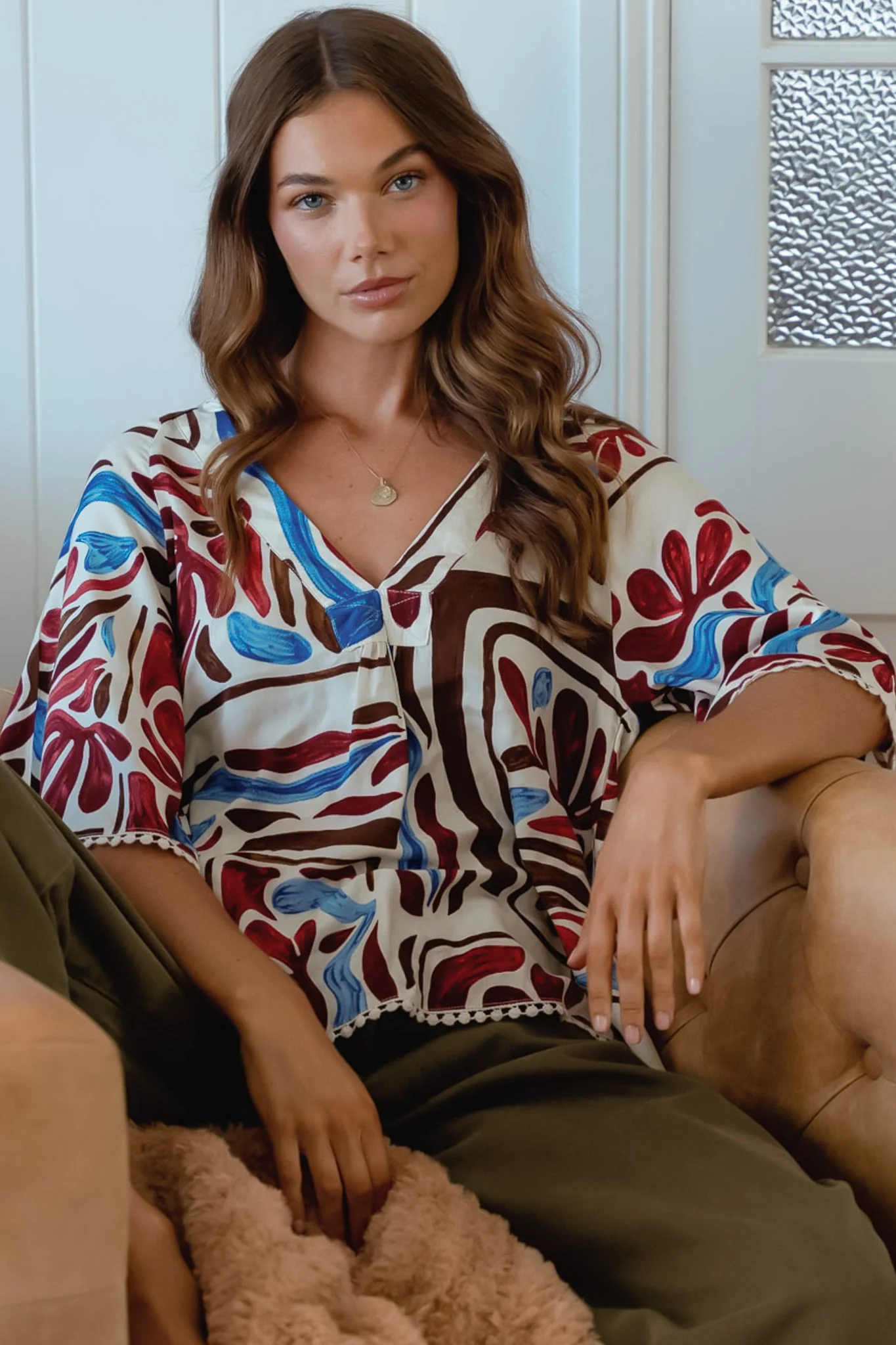 JAASE - Gabriella Top: Mandarin Collar Deep V Neck Crochet Trim Top in Artisan Print - Image 2