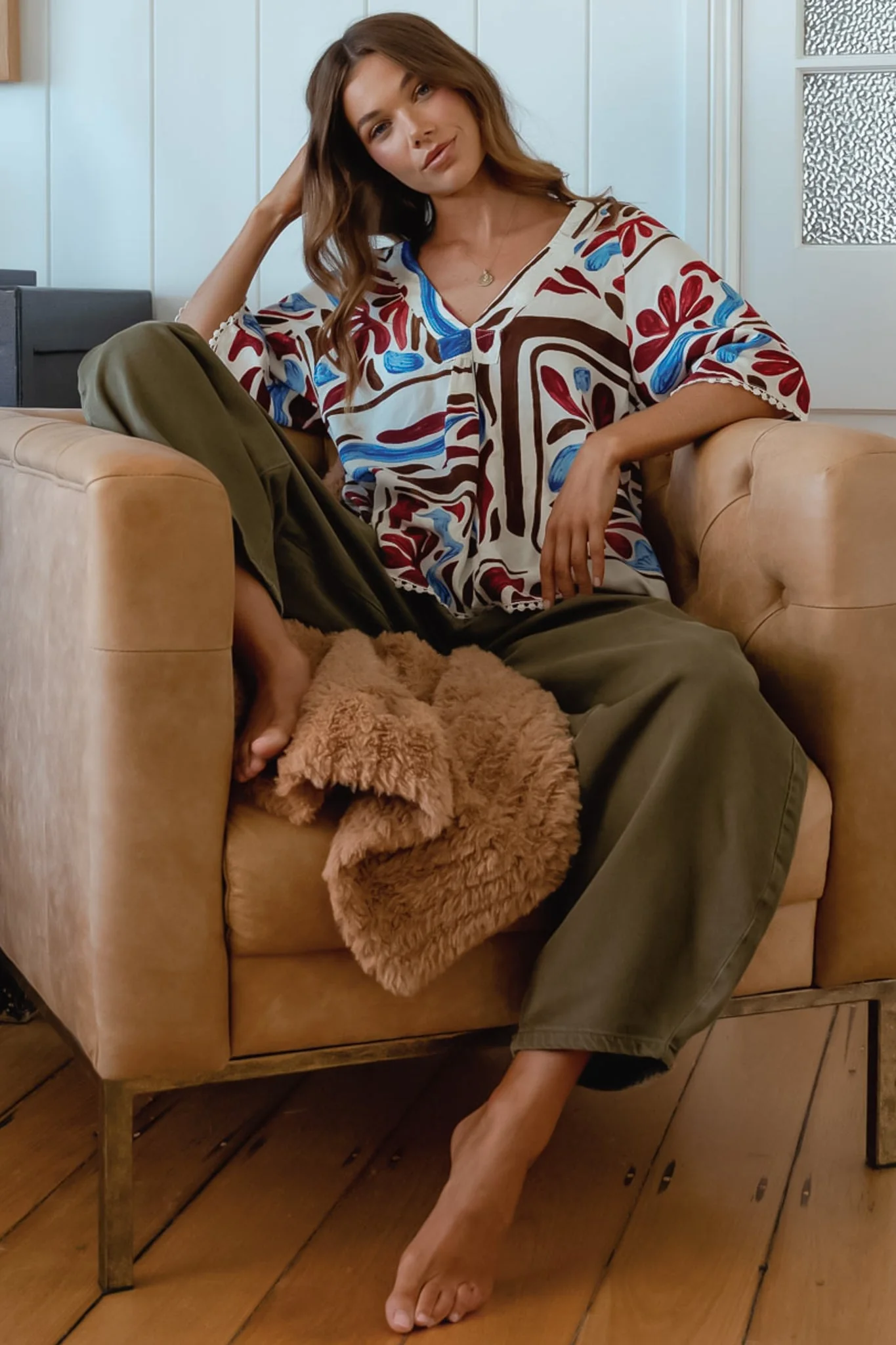 JAASE - Gabriella Top: Mandarin Collar Deep V Neck Crochet Trim Top in Artisan Print - Image 3