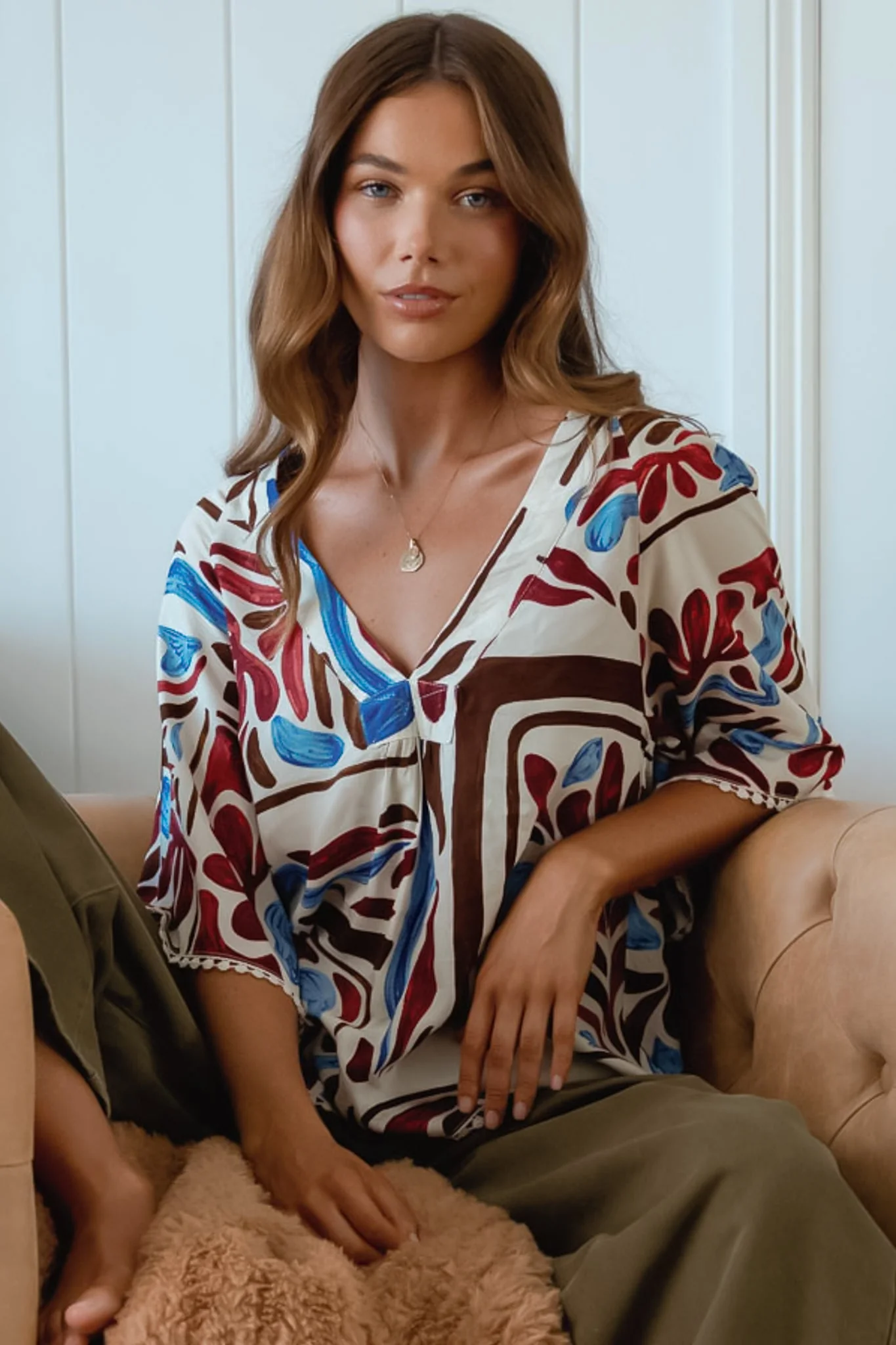 JAASE - Gabriella Top: Mandarin Collar Deep V Neck Crochet Trim Top in Artisan Print - Image 5