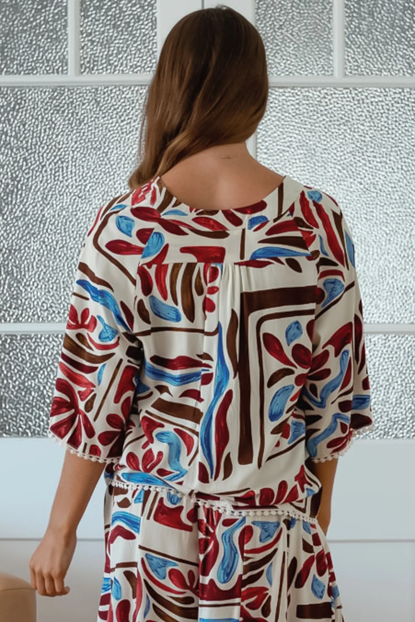 JAASE - Gabriella Top: Mandarin Collar Deep V Neck Crochet Trim Top in Artisan Print - Image 6