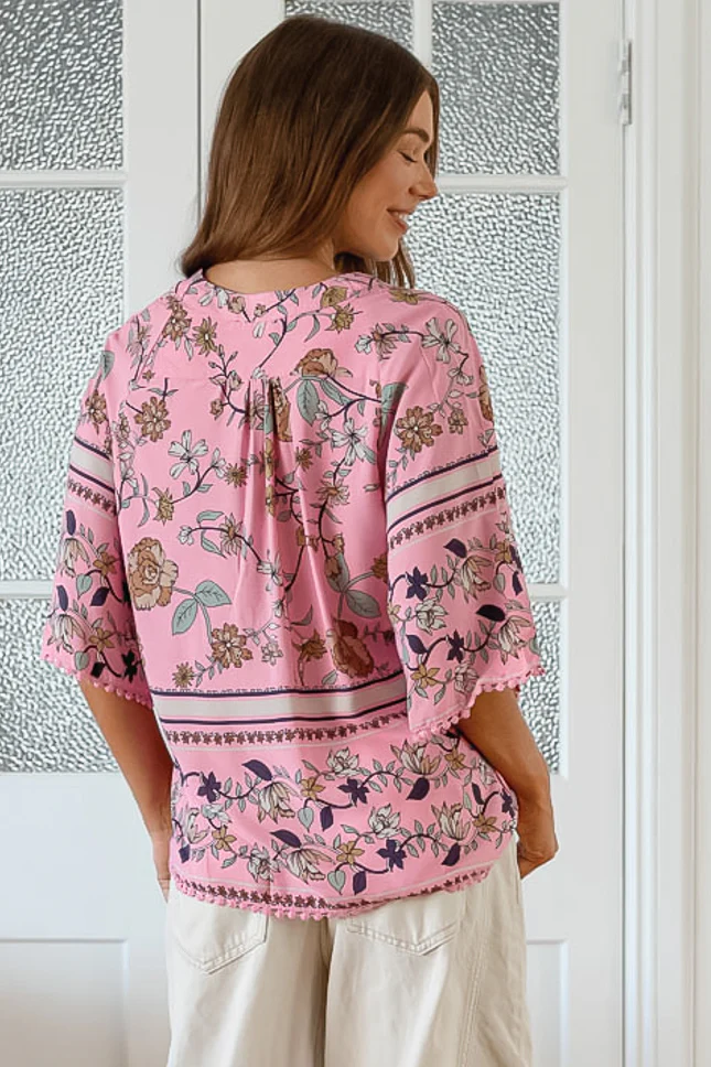 JAASE - Gabriella Top: Mandarin Collar Deep V Neck Crochet Trim Top in Elara Print - Image 4