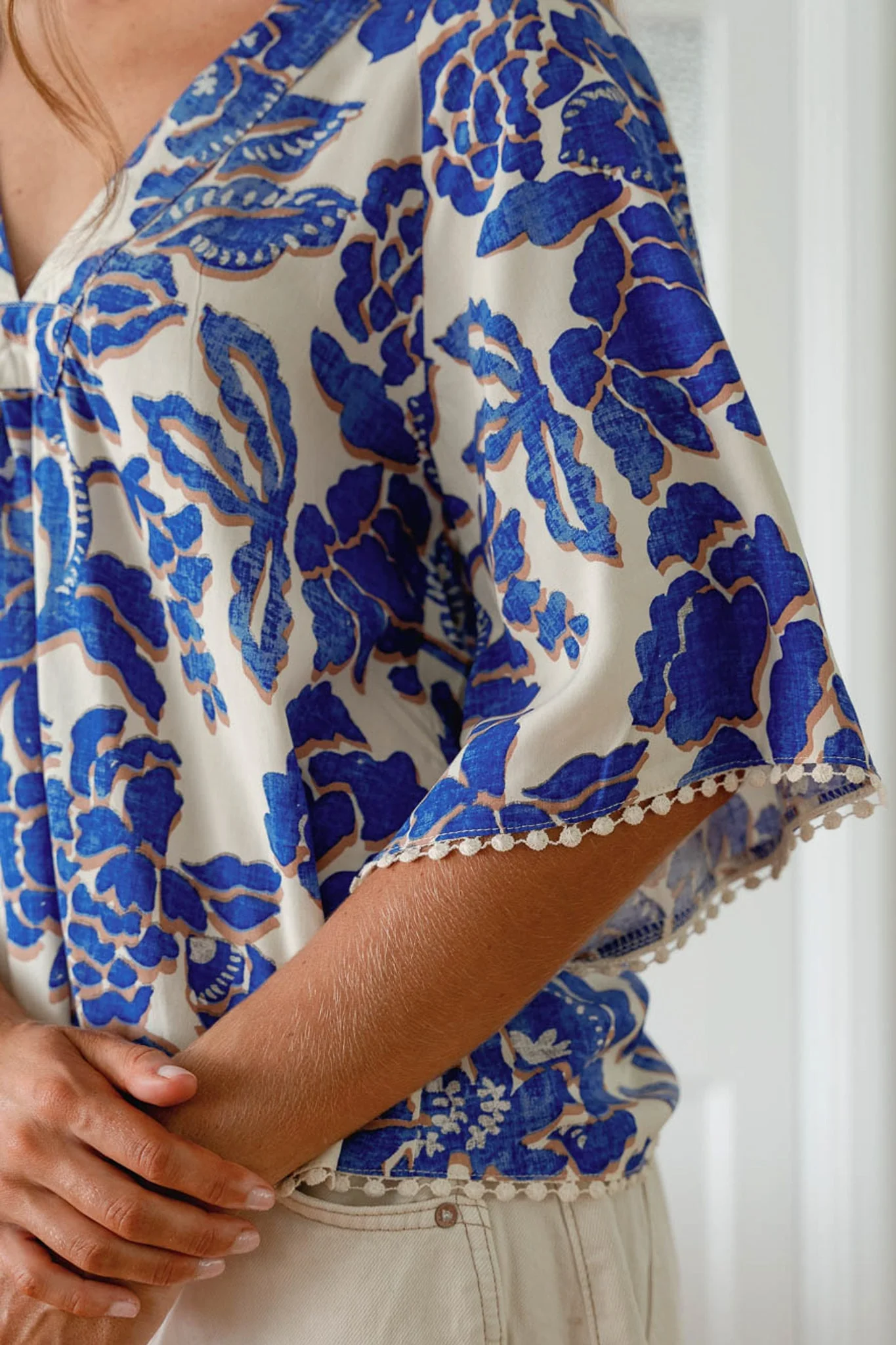 JAASE - Gabriella Top: Mandarin Collar Deep V Neck Crochet Trim Top in Indigo Bloom Print - Image 6