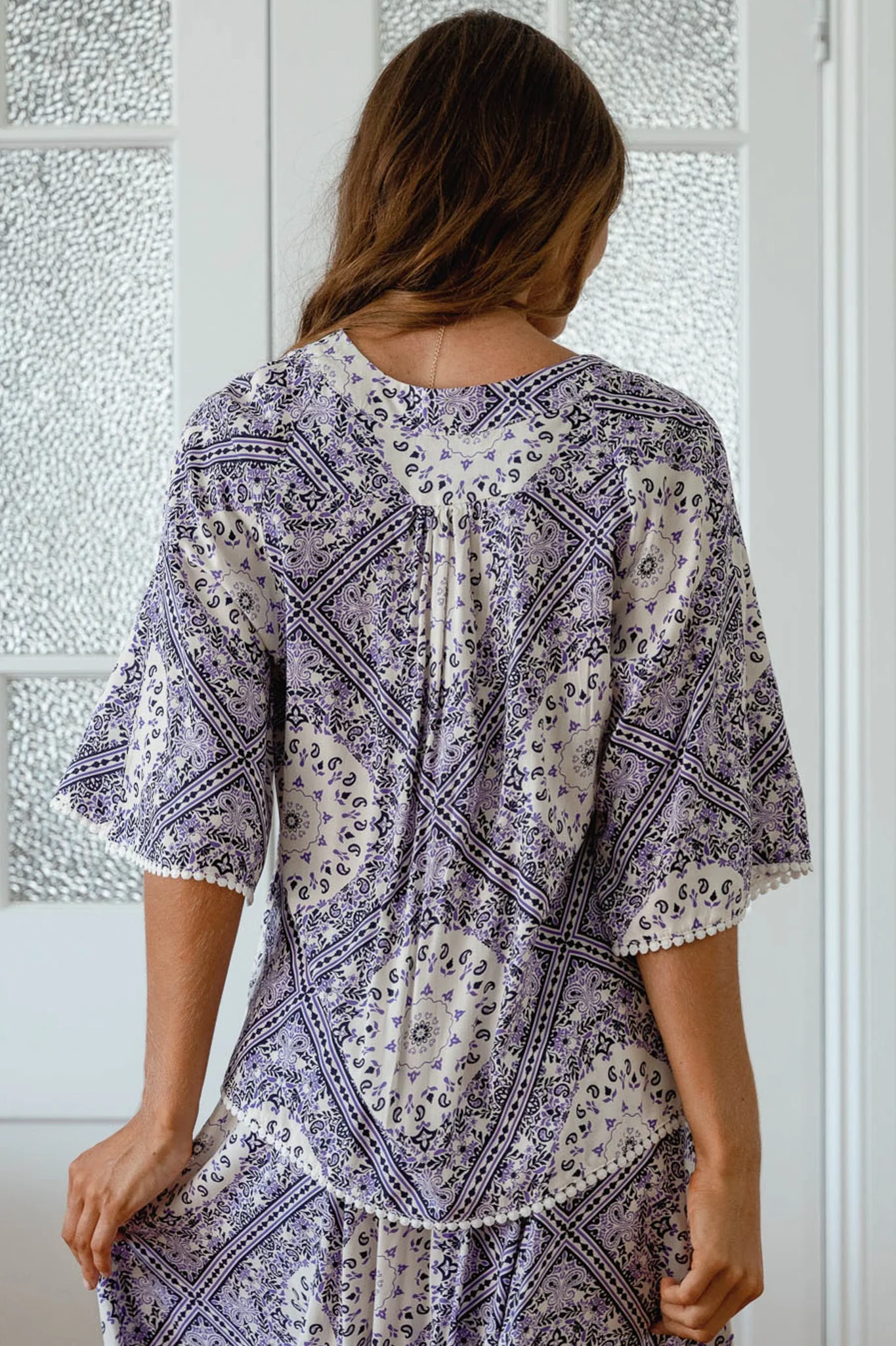JAASE - Gabriella Top: Mandarin Collar Deep V Neck Crochet Trim Top in Lilac Lullaby Print - Image 4