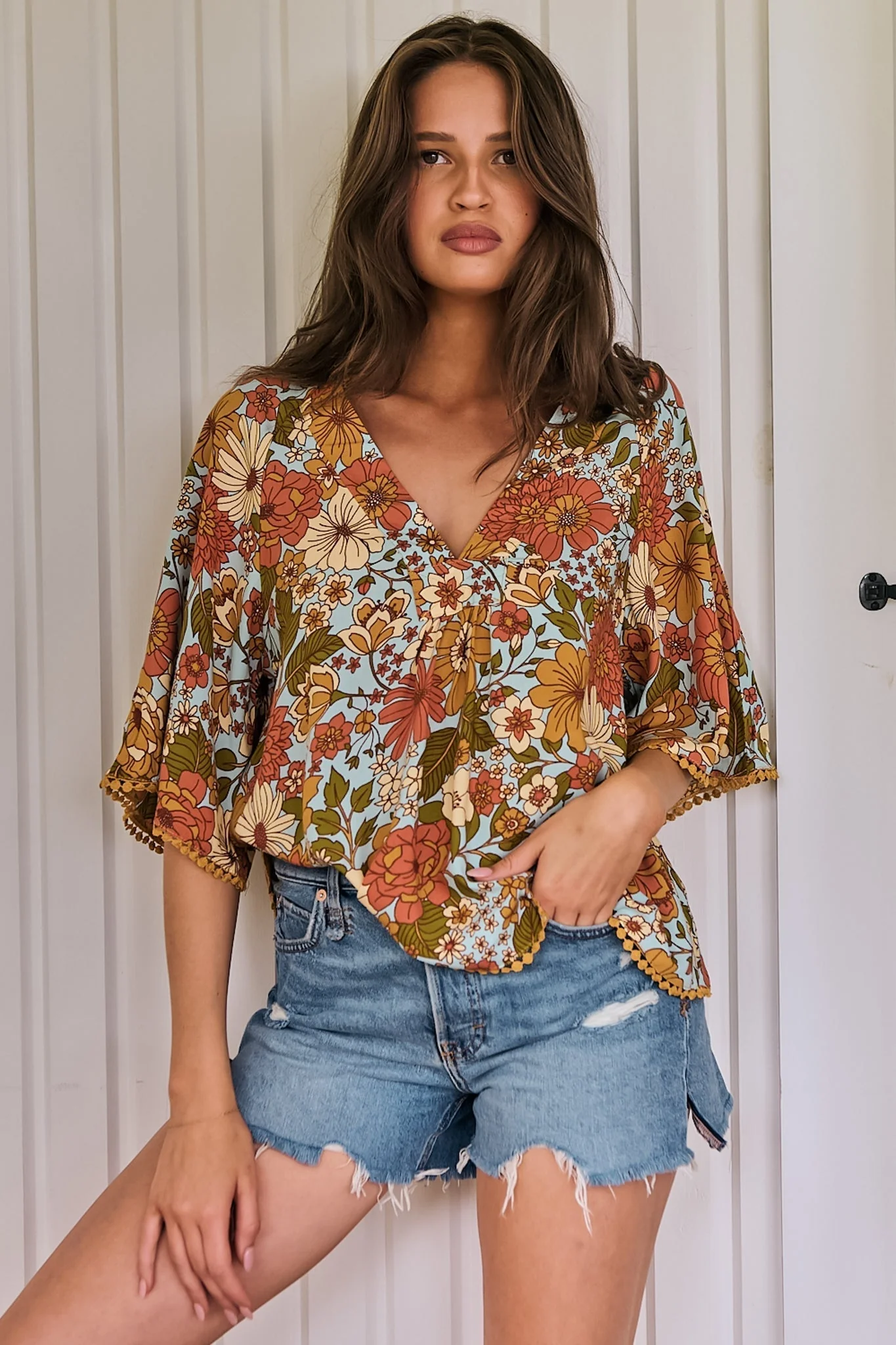JAASE - Gabriella Top: Mandarin Collar Deep V Neck Crochet Trim Top in Mimosa Print - Image 4