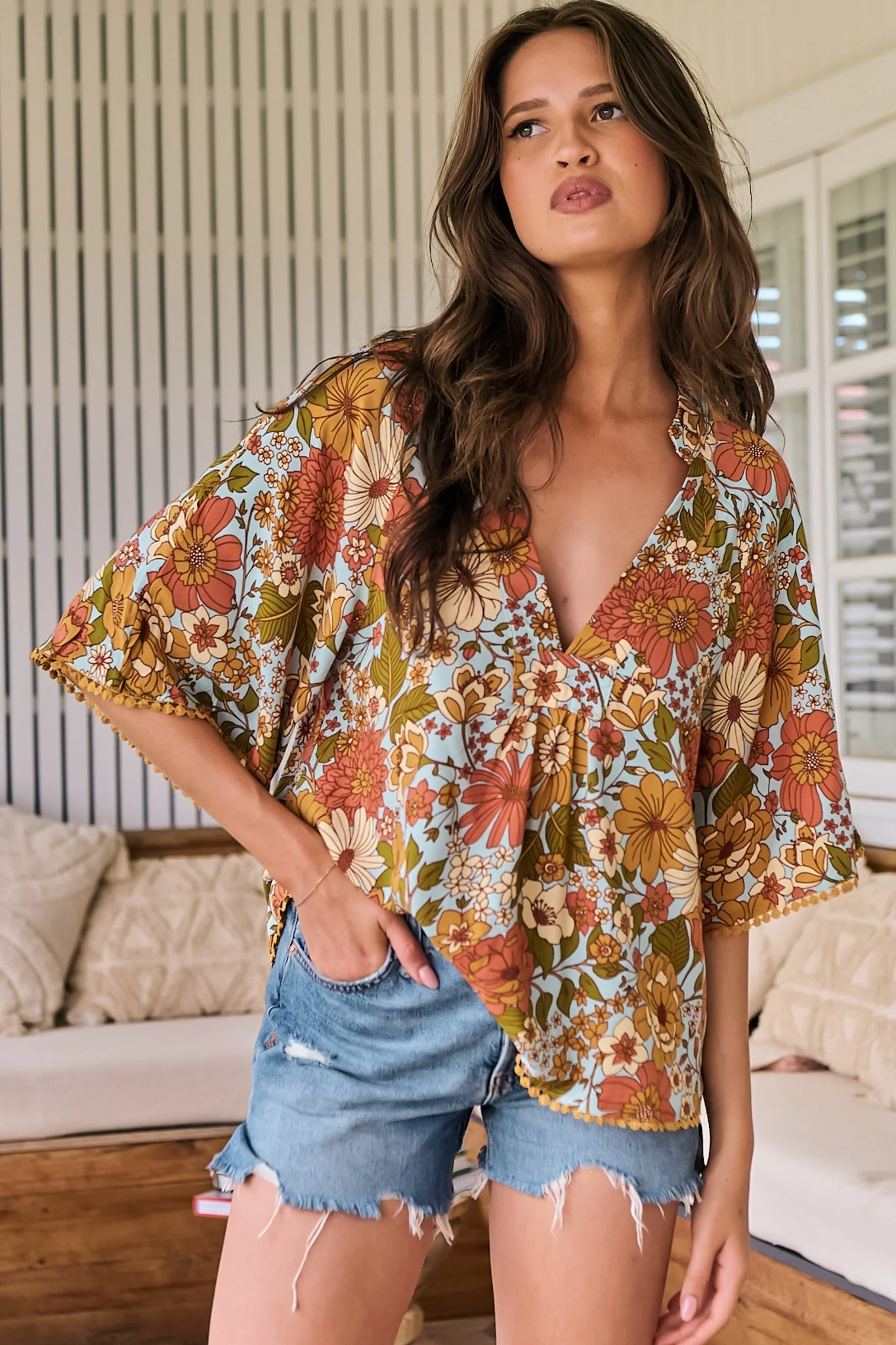 JAASE - Gabriella Top: Mandarin Collar Deep V Neck Crochet Trim Top in Mimosa Print - Image 5