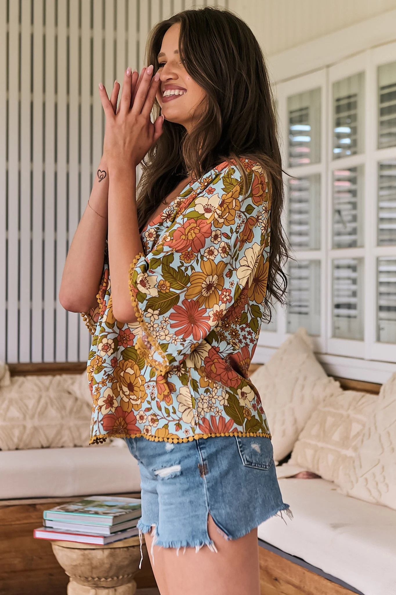 JAASE - Gabriella Top: Mandarin Collar Deep V Neck Crochet Trim Top in Mimosa Print - Image 7