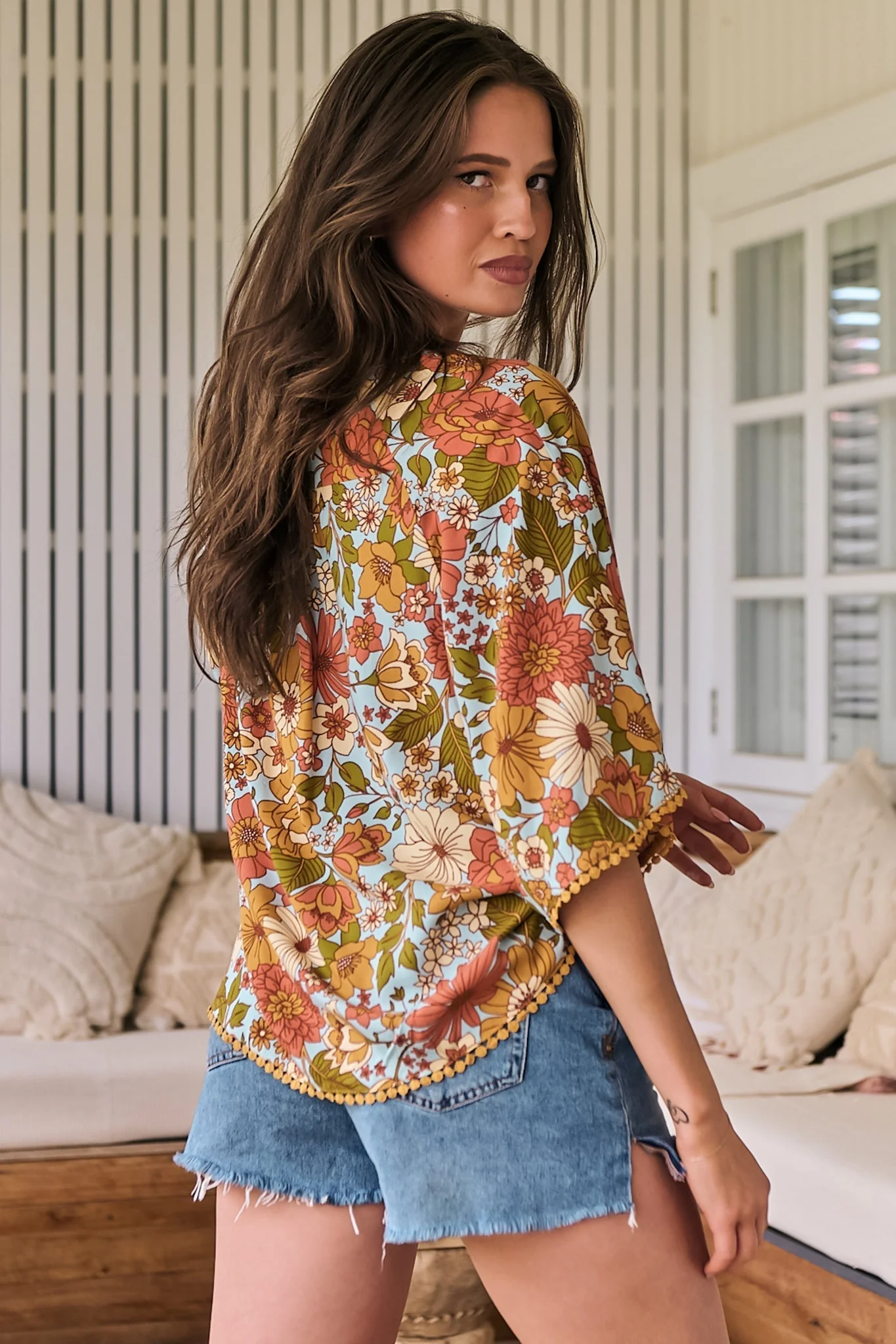 JAASE - Gabriella Top: Mandarin Collar Deep V Neck Crochet Trim Top in Mimosa Print - Image 9