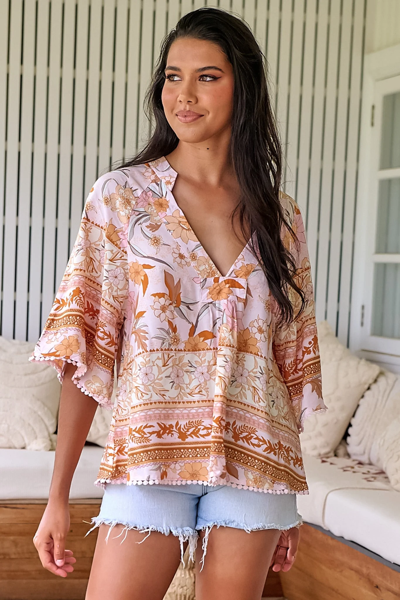JAASE - Gabriella Top: Mandarin Collar Deep V Neck Crochet Trim Top in Peach Dahlia Print - Image 10