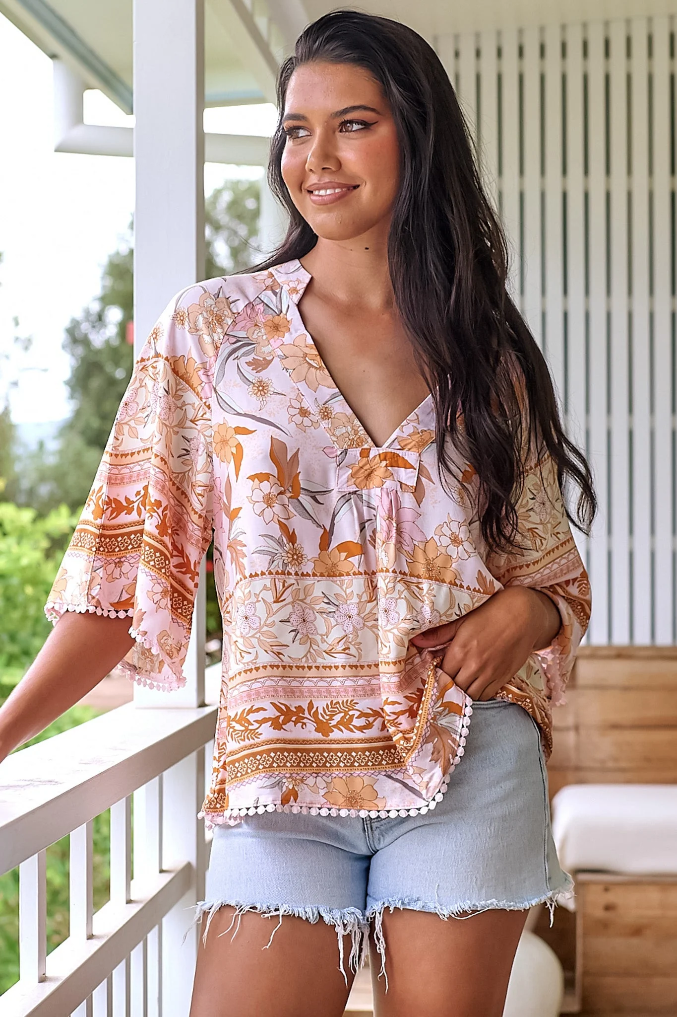 JAASE - Gabriella Top: Mandarin Collar Deep V Neck Crochet Trim Top in Peach Dahlia Print - Image 11