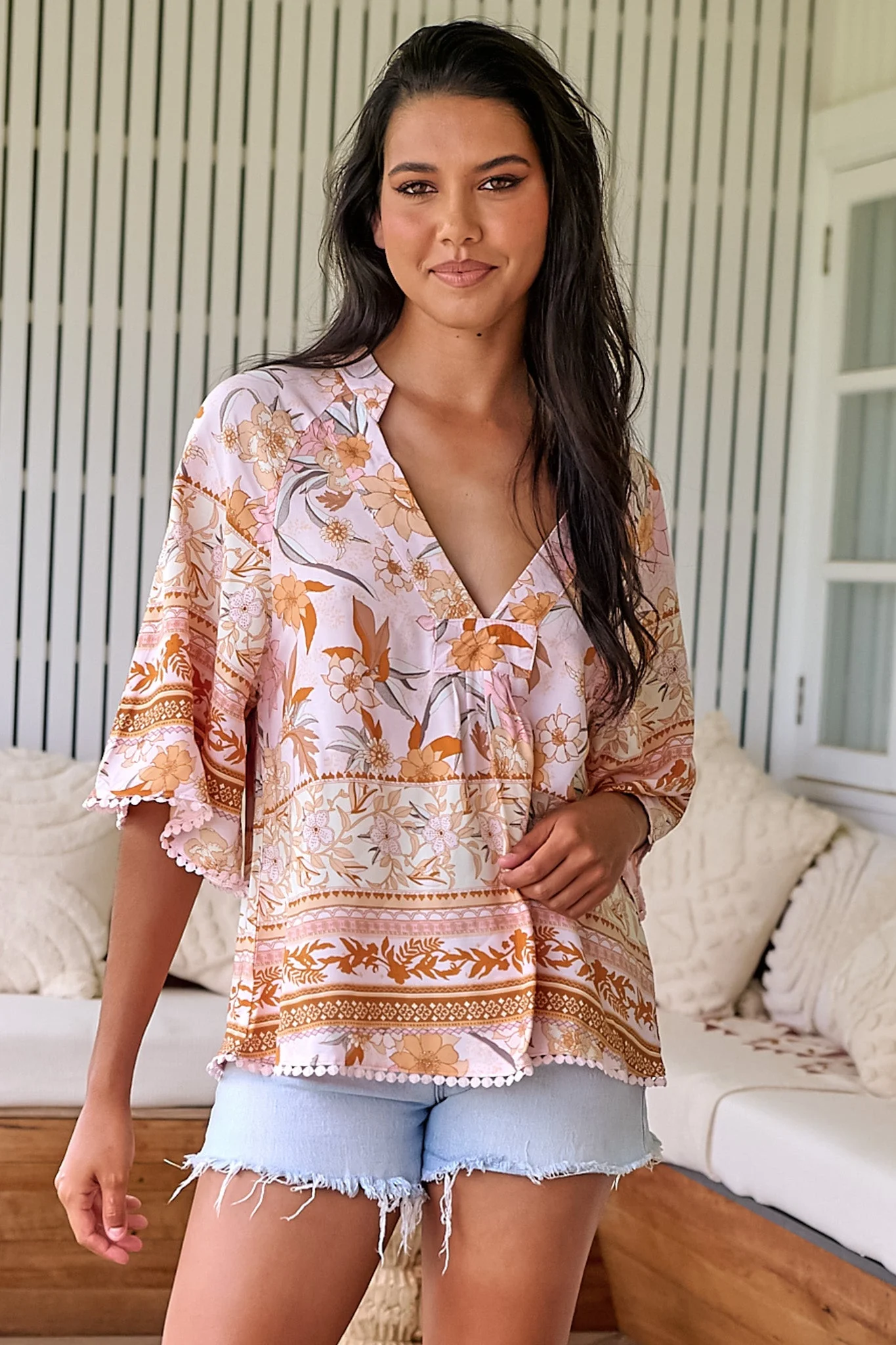JAASE - Gabriella Top: Mandarin Collar Deep V Neck Crochet Trim Top in Peach Dahlia Print - Image 12