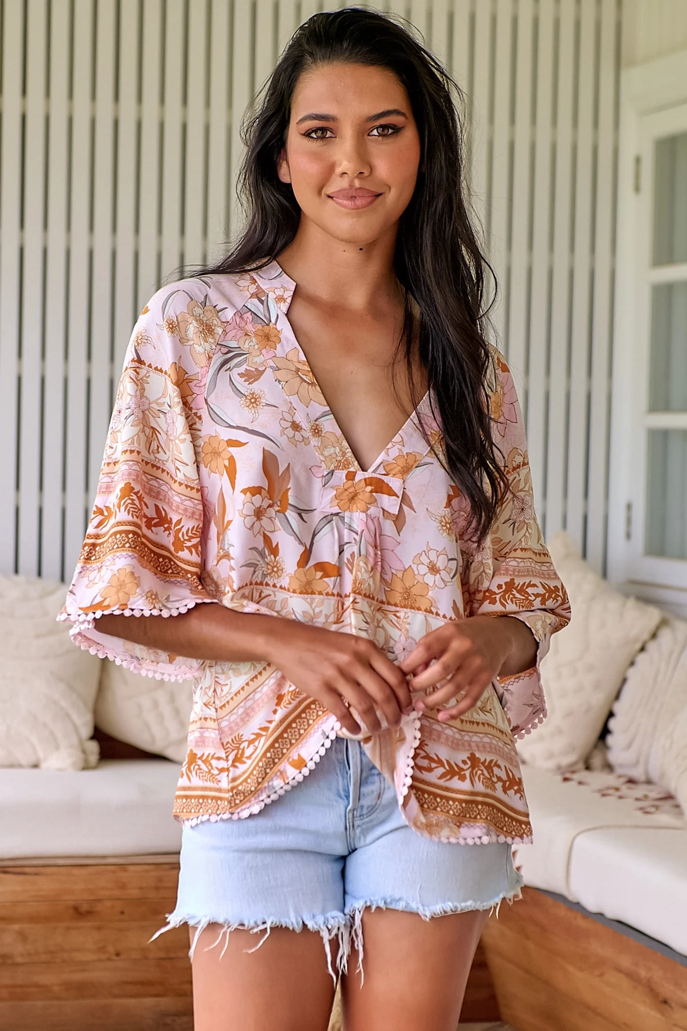 JAASE - Gabriella Top: Mandarin Collar Deep V Neck Crochet Trim Top in Peach Dahlia Print - Image 13