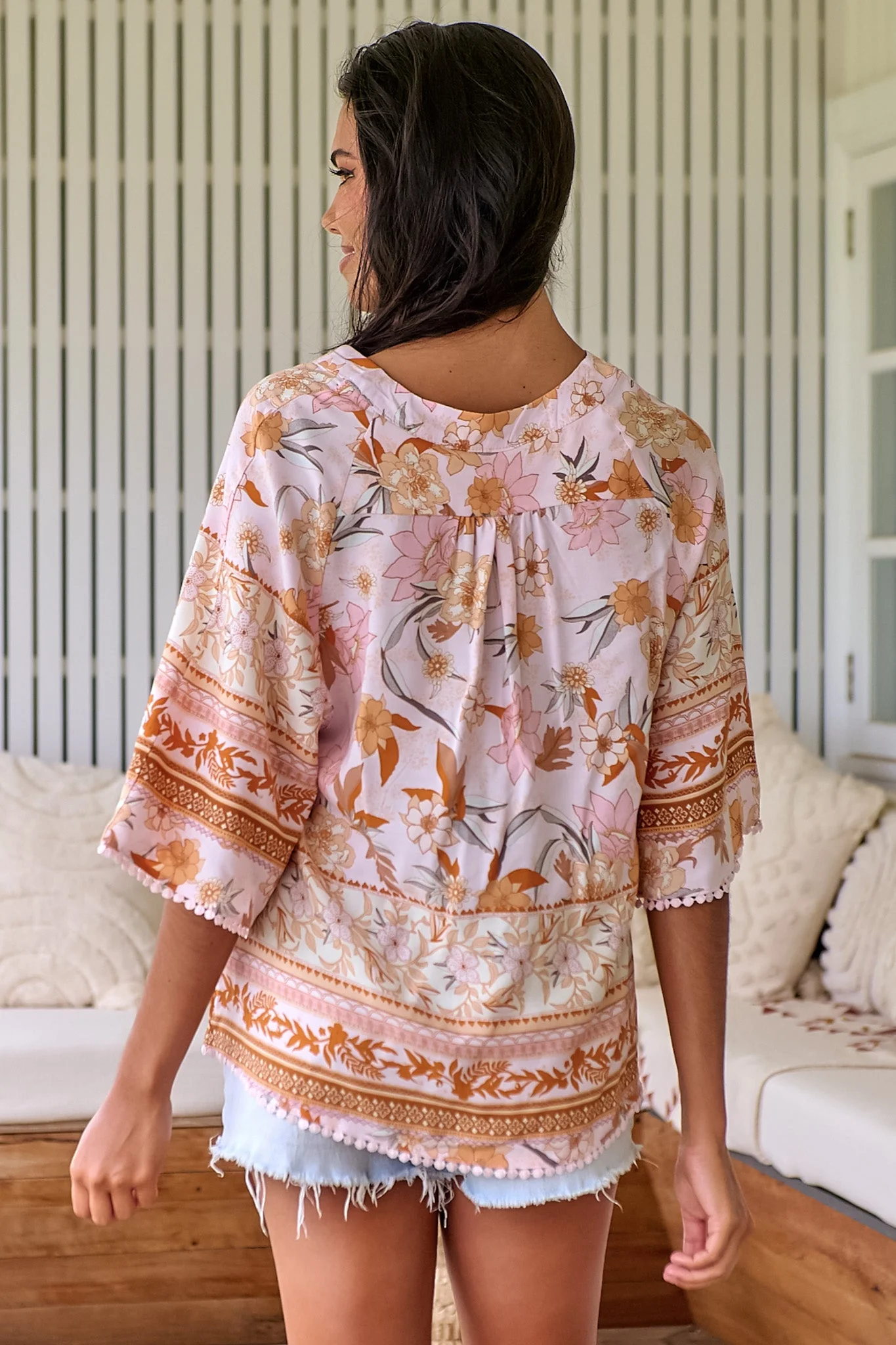 JAASE - Gabriella Top: Mandarin Collar Deep V Neck Crochet Trim Top in Peach Dahlia Print - Image 15