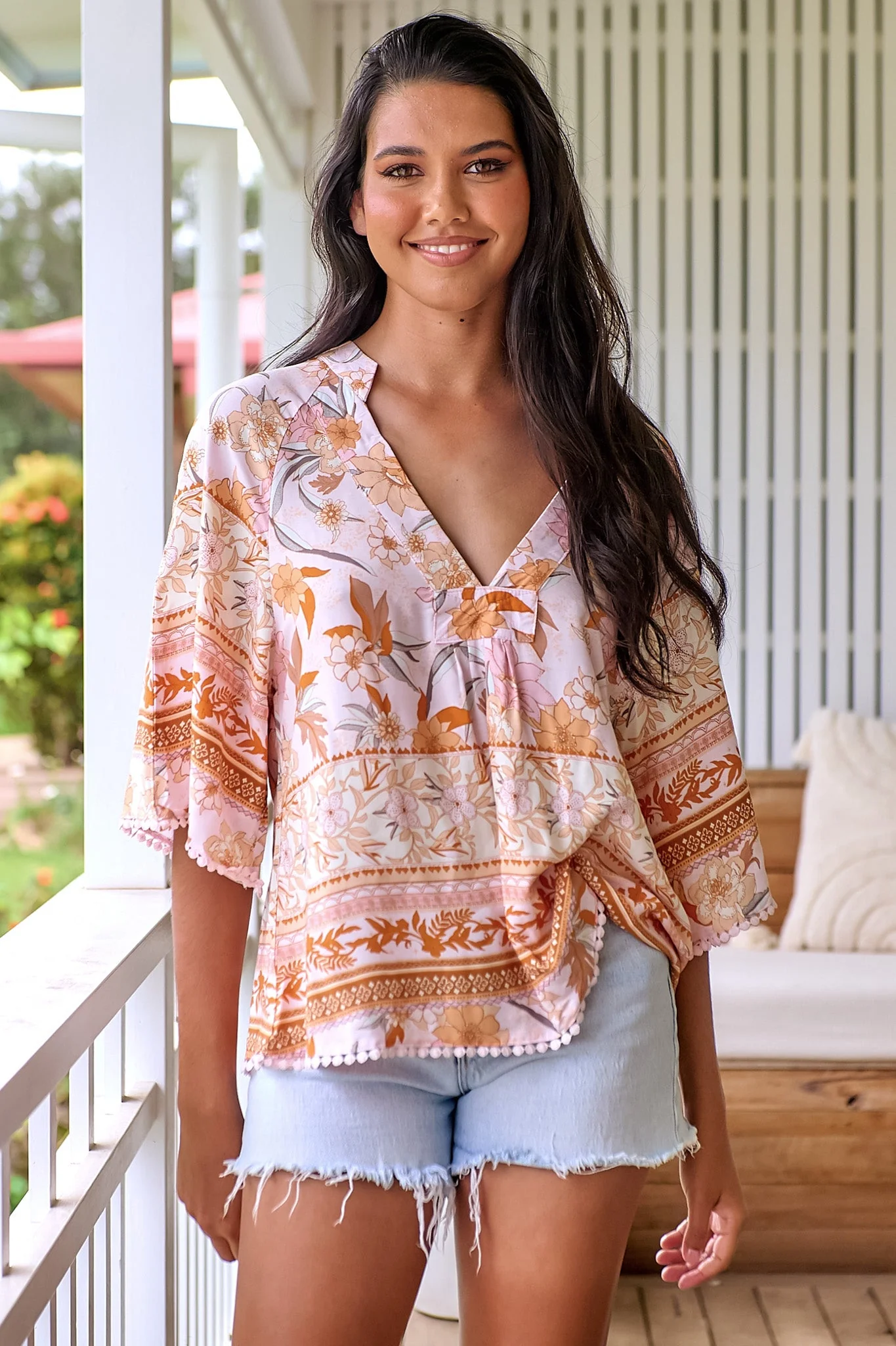 JAASE - Gabriella Top: Mandarin Collar Deep V Neck Crochet Trim Top in Peach Dahlia Print - Image 7