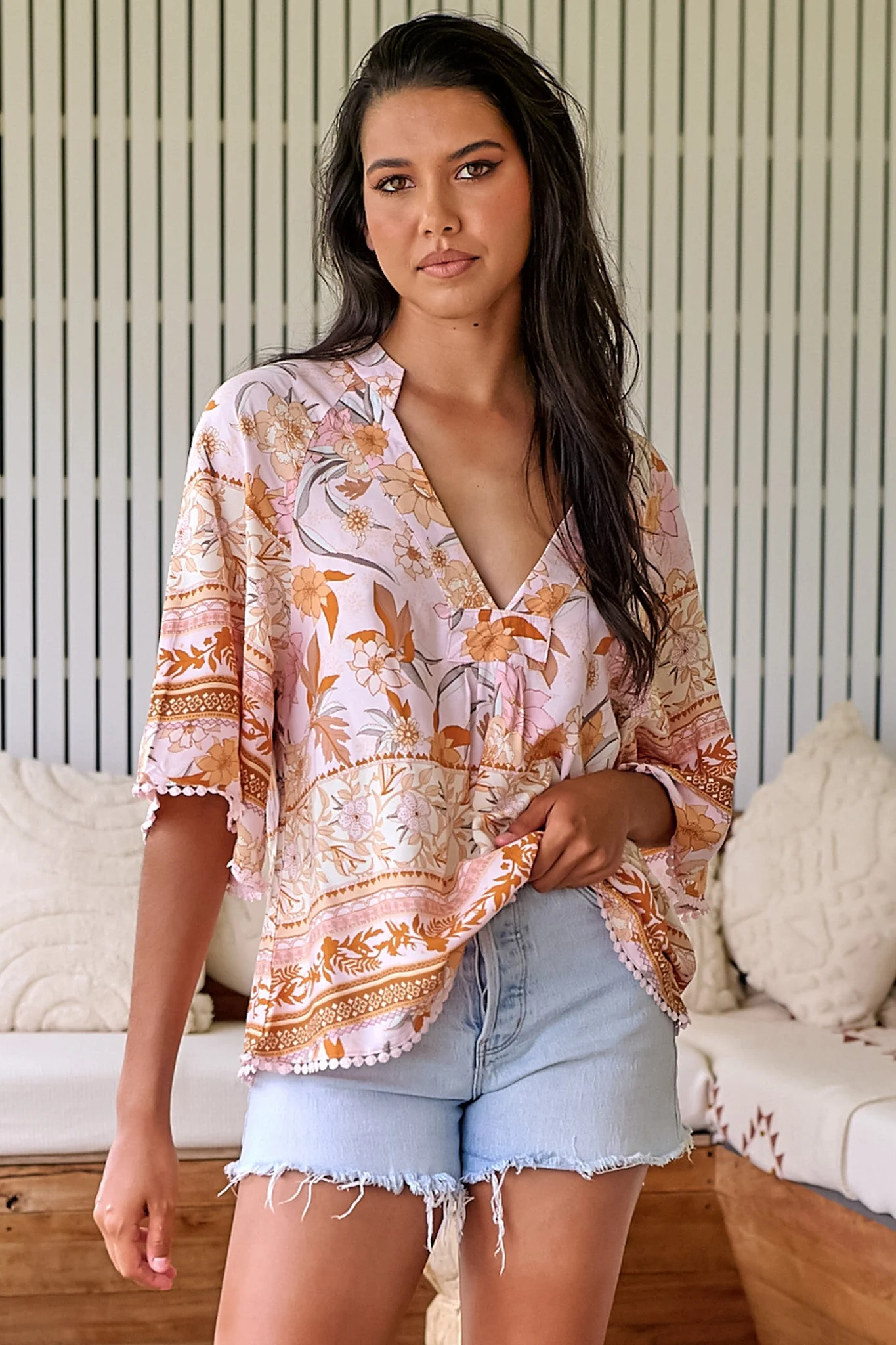JAASE - Gabriella Top: Mandarin Collar Deep V Neck Crochet Trim Top in Peach Dahlia Print - Image 8