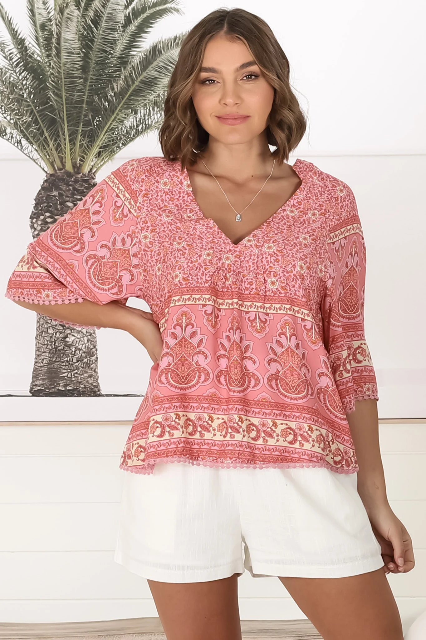 JAASE - Gabriella Top: Mandarin Collar Deep V Neck Crochet Trim Top in Strawberries and Cream Print - Image 11