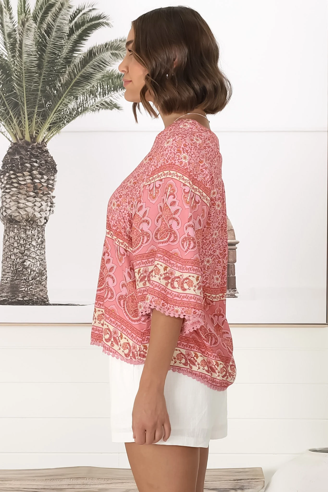 JAASE - Gabriella Top: Mandarin Collar Deep V Neck Crochet Trim Top in Strawberries and Cream Print - Image 13