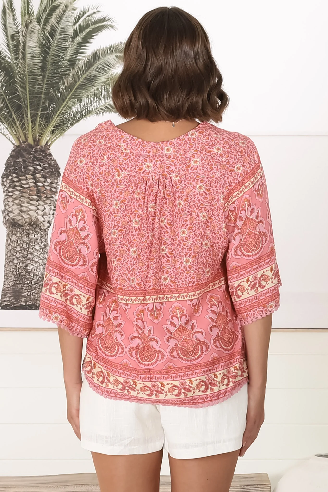 JAASE - Gabriella Top: Mandarin Collar Deep V Neck Crochet Trim Top in Strawberries and Cream Print - Image 14