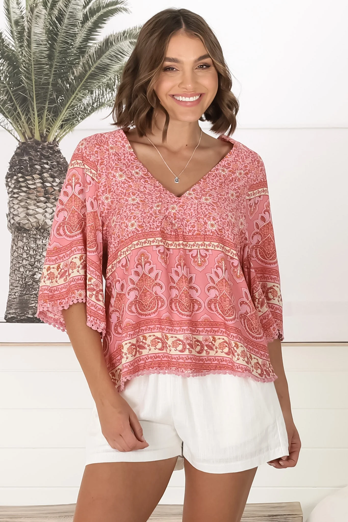JAASE - Gabriella Top: Mandarin Collar Deep V Neck Crochet Trim Top in Strawberries and Cream Print - Image 3