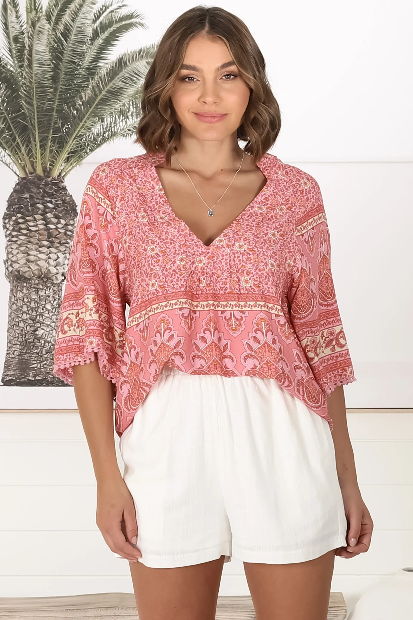 JAASE - Gabriella Top: Mandarin Collar Deep V Neck Crochet Trim Top in Strawberries and Cream Print - Image 5