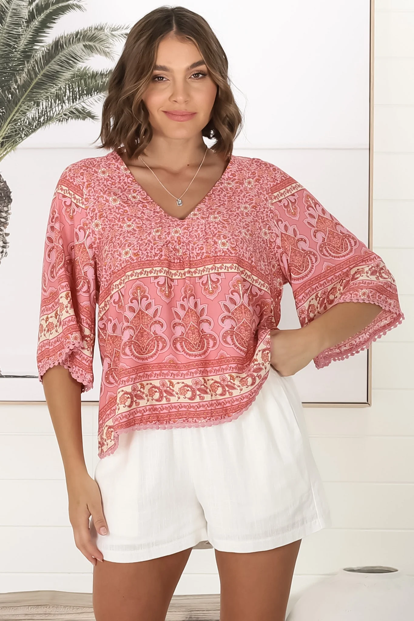 JAASE - Gabriella Top: Mandarin Collar Deep V Neck Crochet Trim Top in Strawberries and Cream Print - Image 6