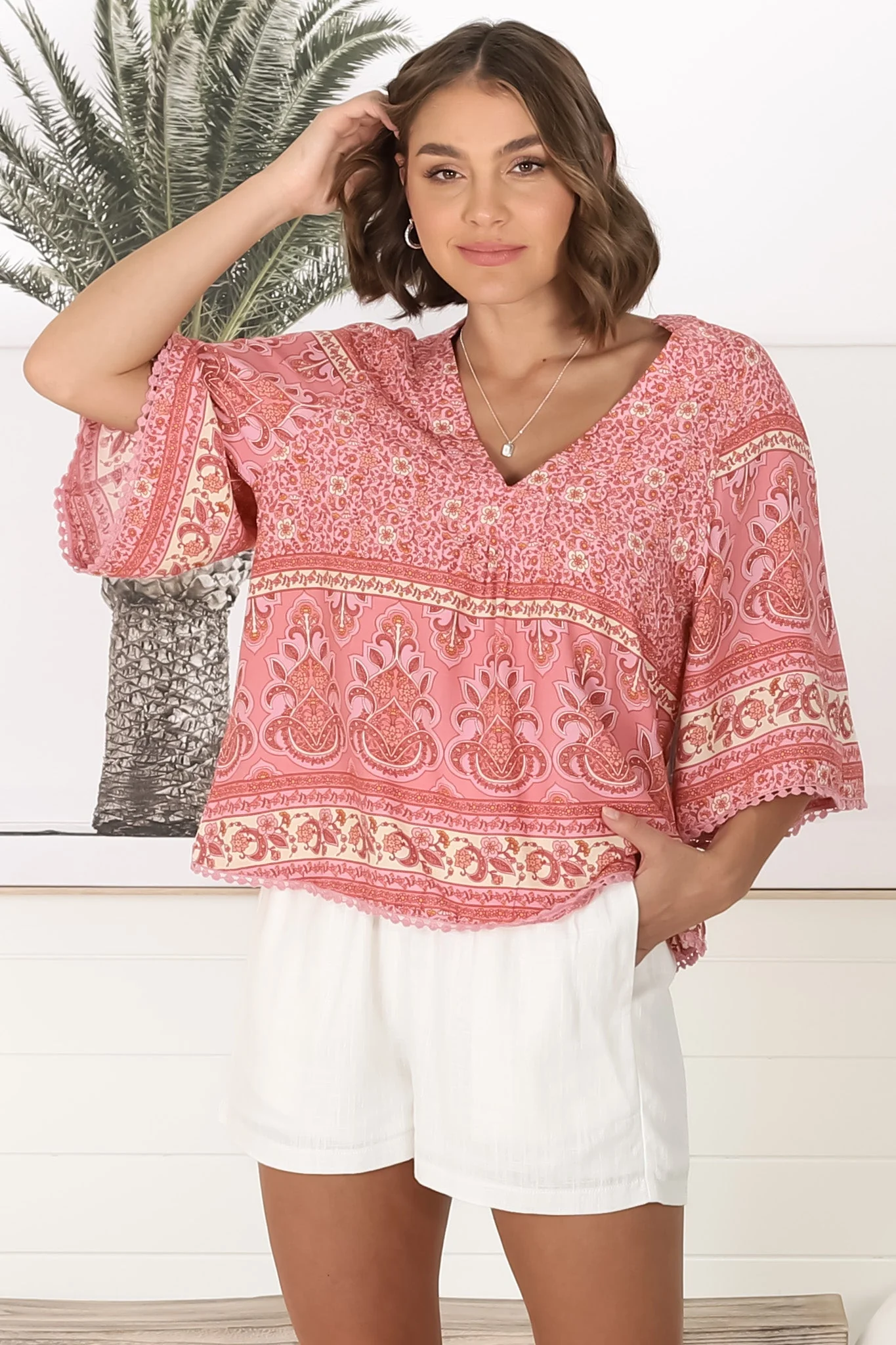 JAASE - Gabriella Top: Mandarin Collar Deep V Neck Crochet Trim Top in Strawberries and Cream Print - Image 7