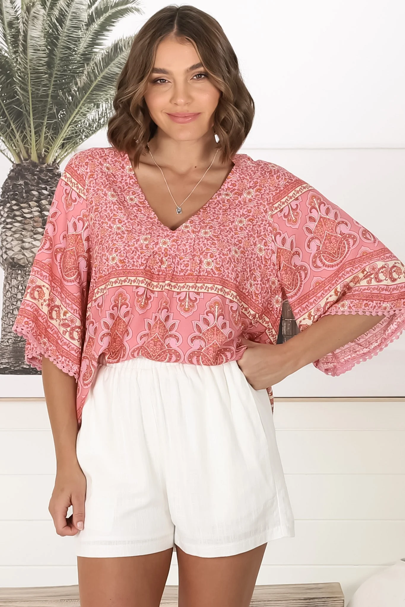 JAASE - Gabriella Top: Mandarin Collar Deep V Neck Crochet Trim Top in Strawberries and Cream Print - Image 9