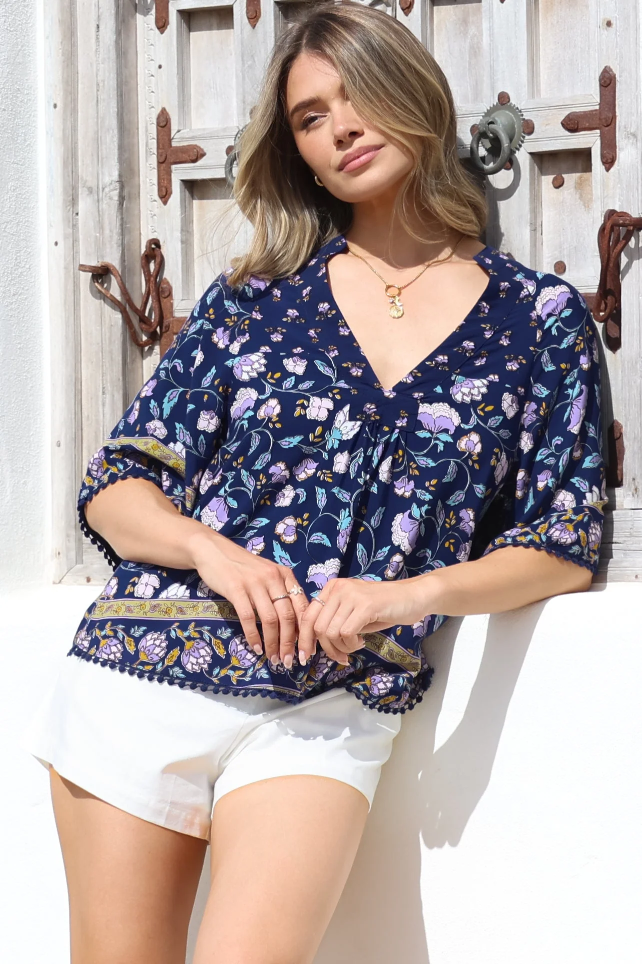 JAASE - Gabriella Top: Mandarin Collar Deep V Neck Crochet Trim Top in Wild Indigo Print - Image 3