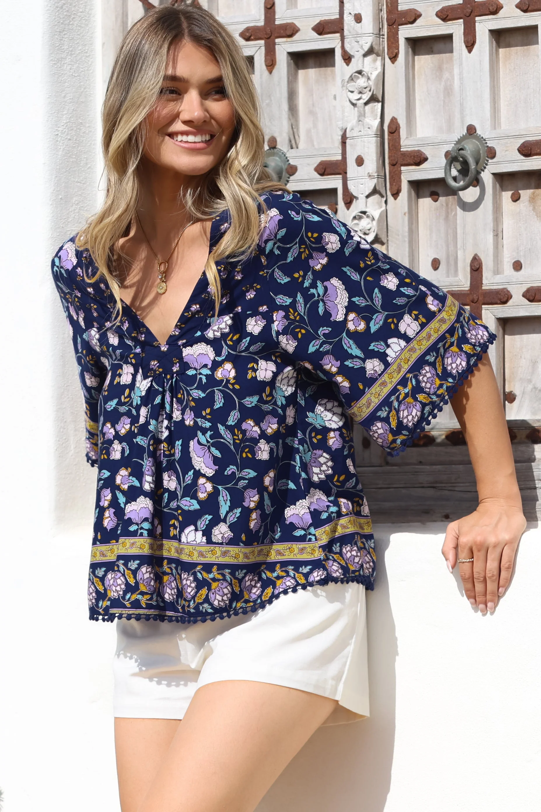 JAASE - Gabriella Top: Mandarin Collar Deep V Neck Crochet Trim Top in Wild Indigo Print - Image 5