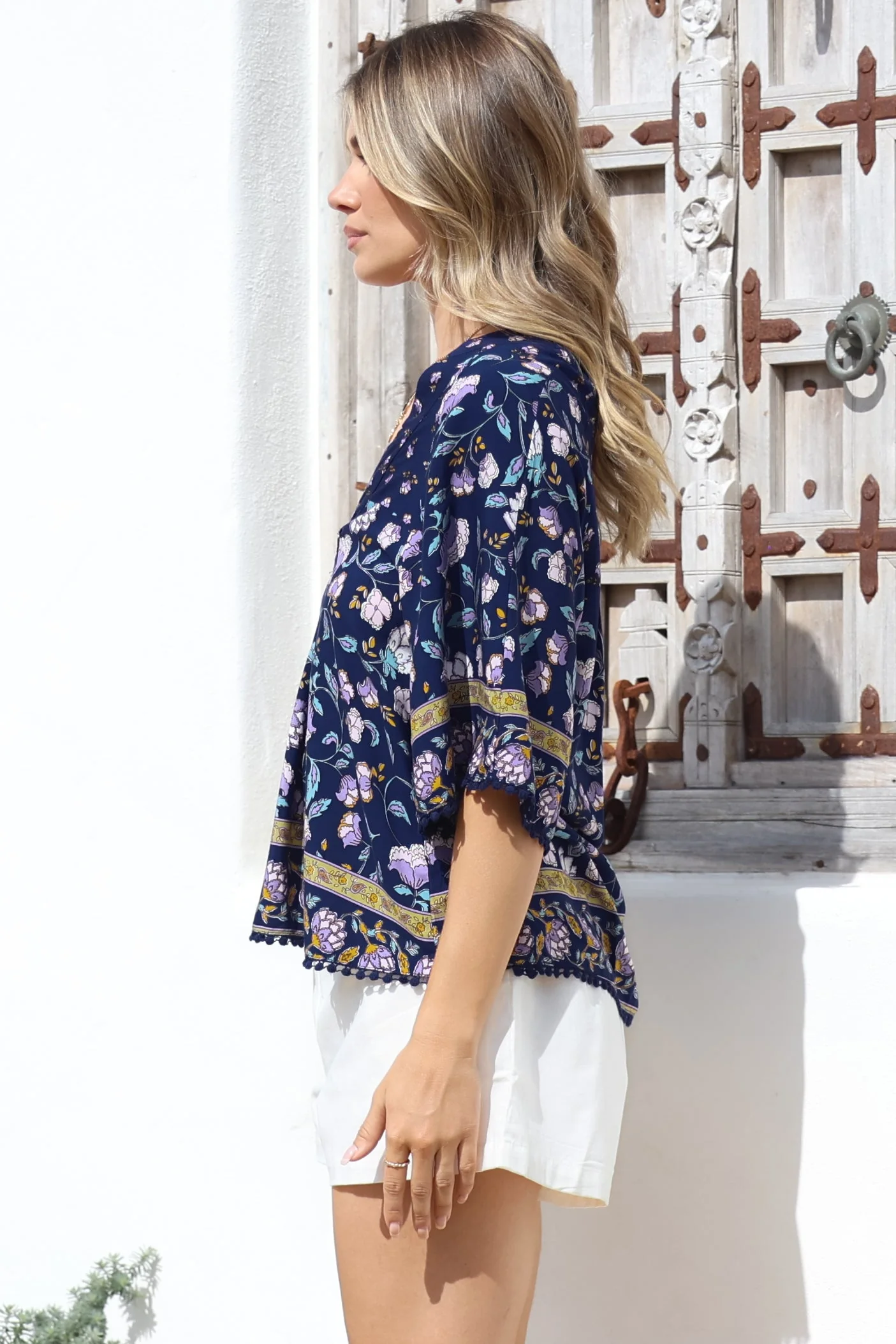JAASE - Gabriella Top: Mandarin Collar Deep V Neck Crochet Trim Top in Wild Indigo Print - Image 7
