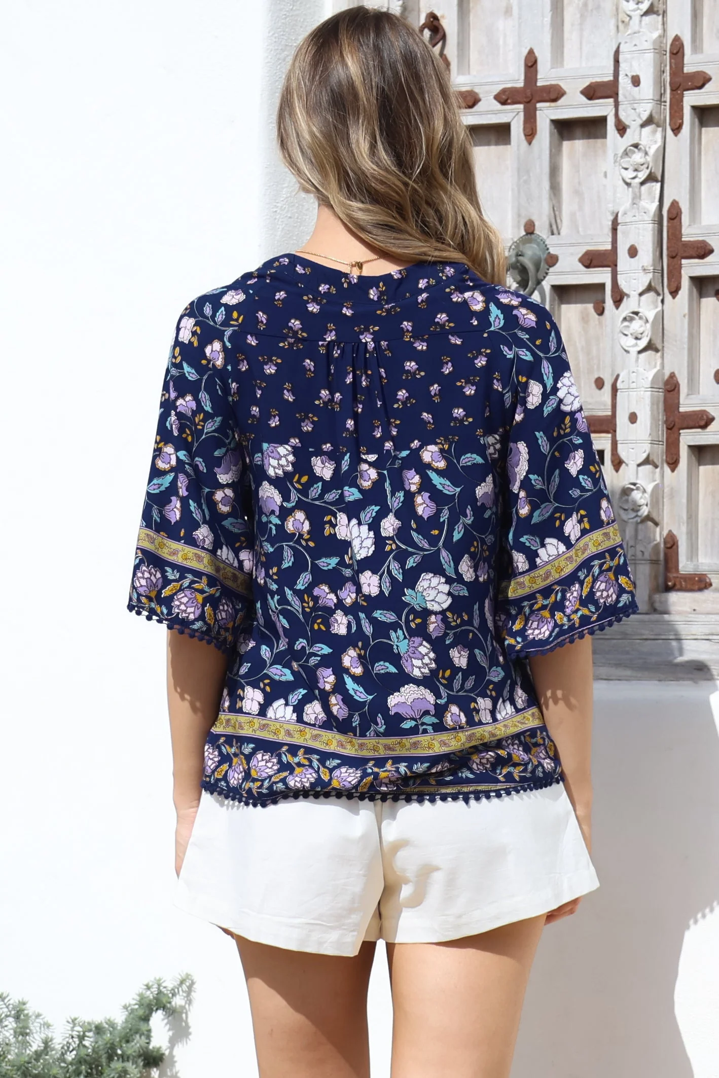 JAASE - Gabriella Top: Mandarin Collar Deep V Neck Crochet Trim Top in Wild Indigo Print - Image 8