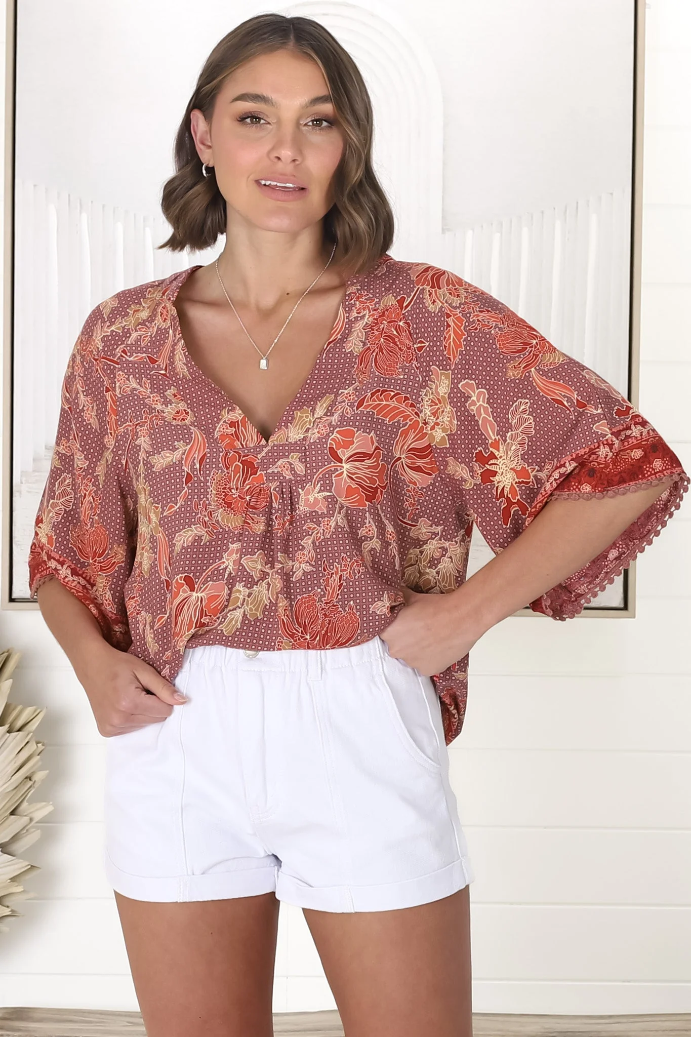 JAASE - Gabriella Top: Mandarin Collar Deep V Neck Crochet Trim Top in Ziggy Print - Image 11